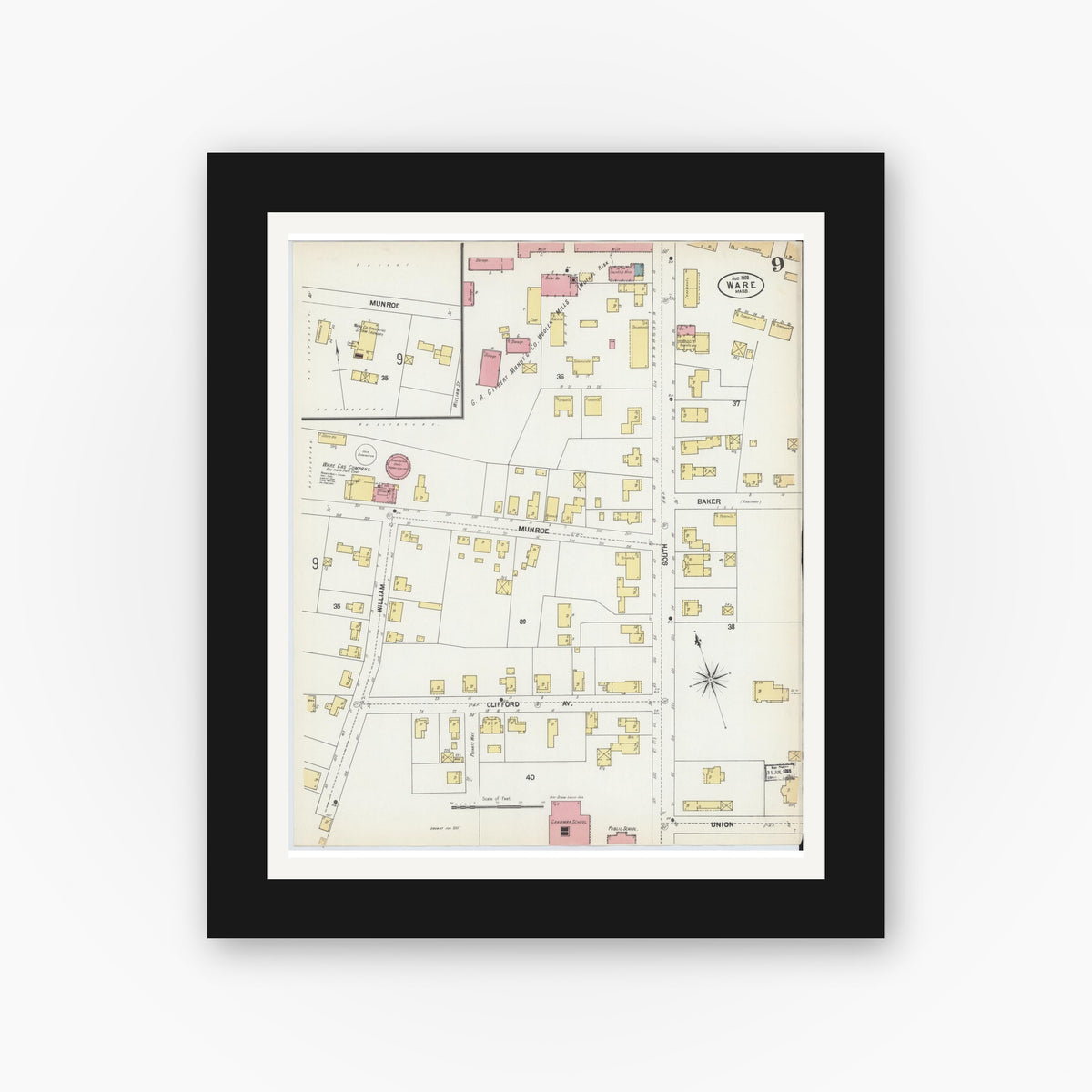 Old map wall art mockup — black gallery frame with white mat — Sanborn Fire Insurance Map from Ware, Hampshire County, Massachusetts (1902), Sheet #0009