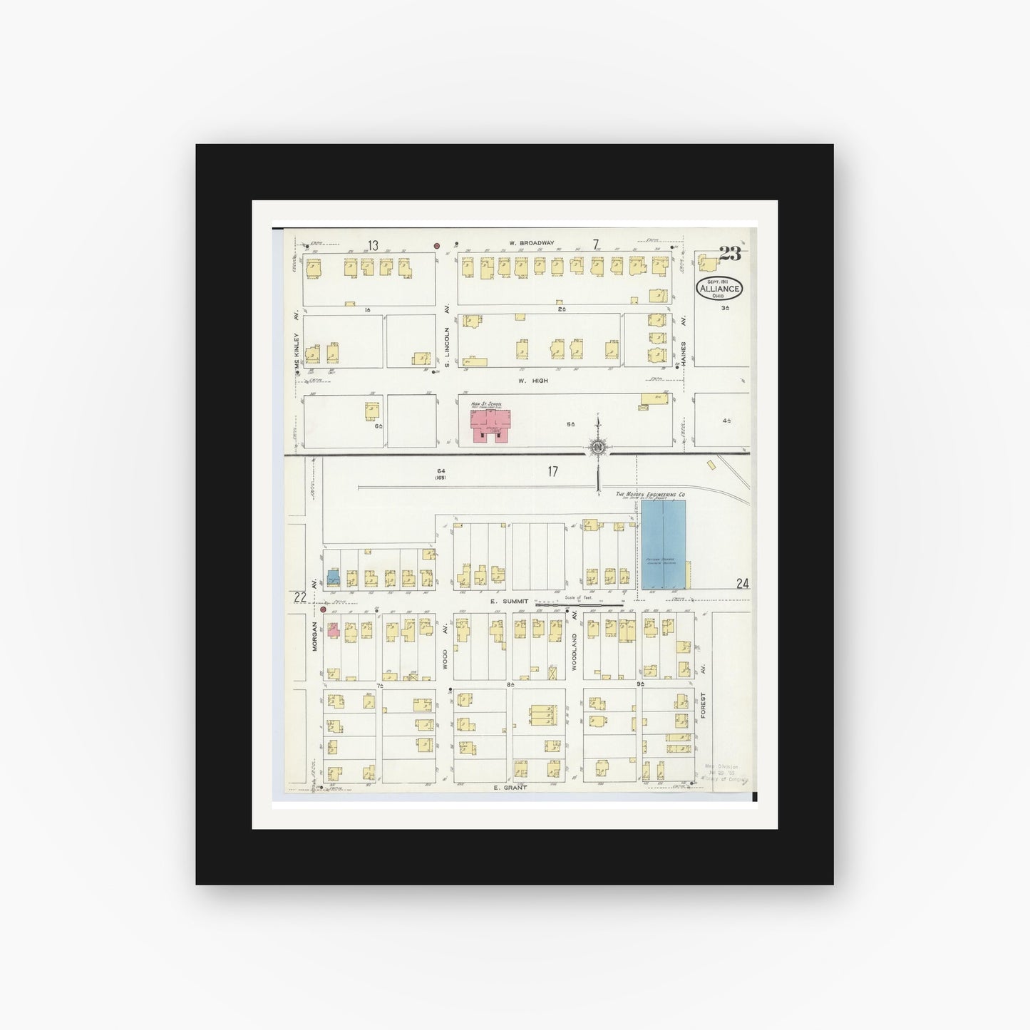 Old map wall art mockup — black gallery frame with white mat — Sanborn Fire Insurance Map from Alliance, Stark County, Ohio (1911), Sheet #0023
