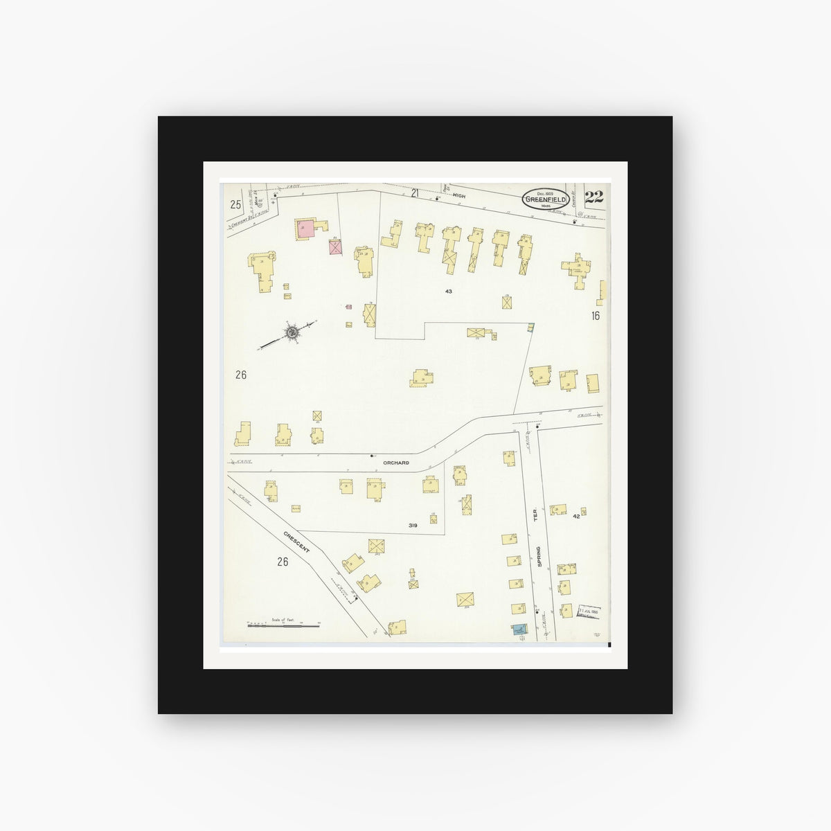 Old map wall art mockup — black gallery frame with white mat — Sanborn Fire Insurance Map from Greenfield, Franklin County, Massachusetts (1909), Sheet #0022