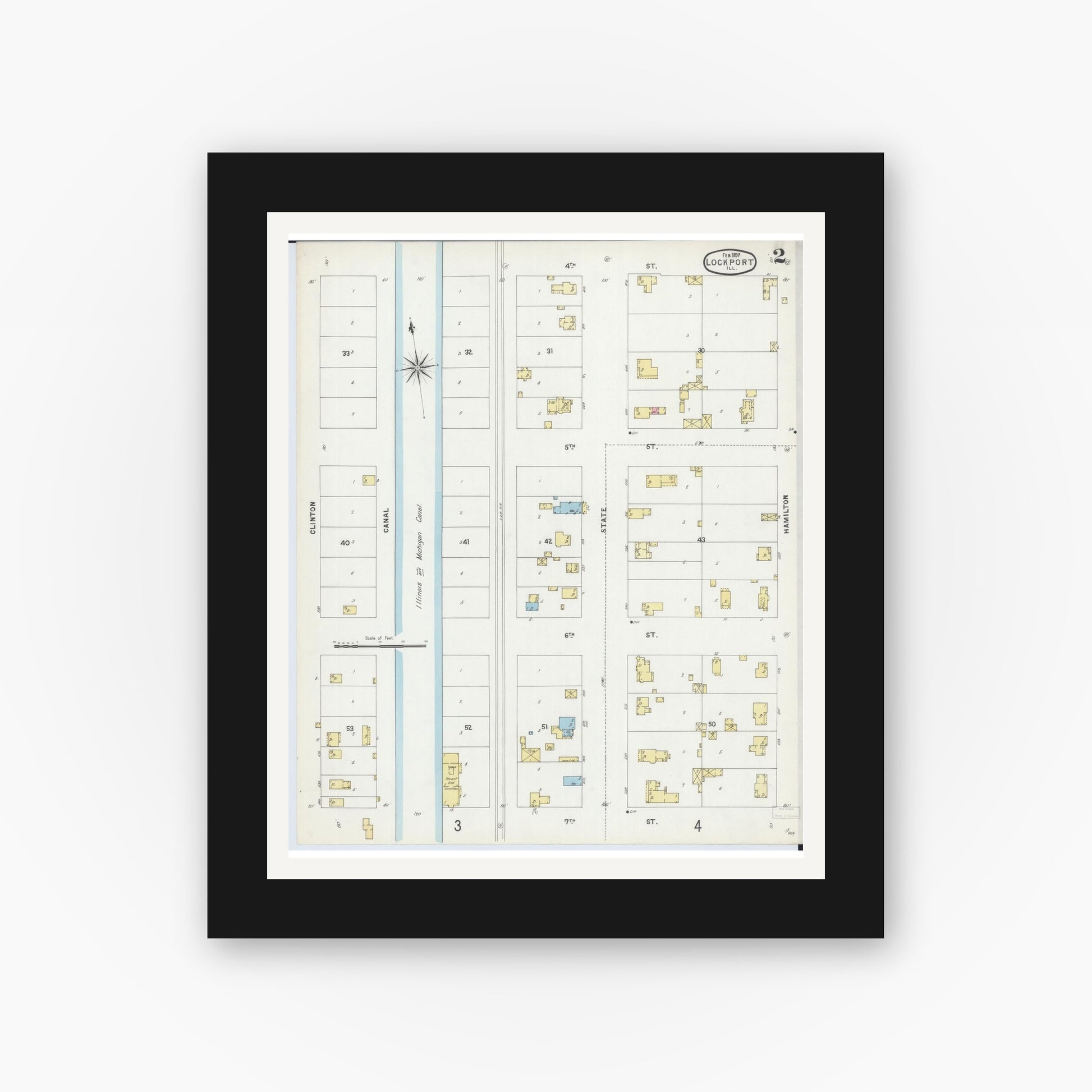 Old map wall art mockup — black gallery frame with white mat — Sanborn Fire Insurance Map from Lockport, Will County, Illinois (1897), Sheet #0002