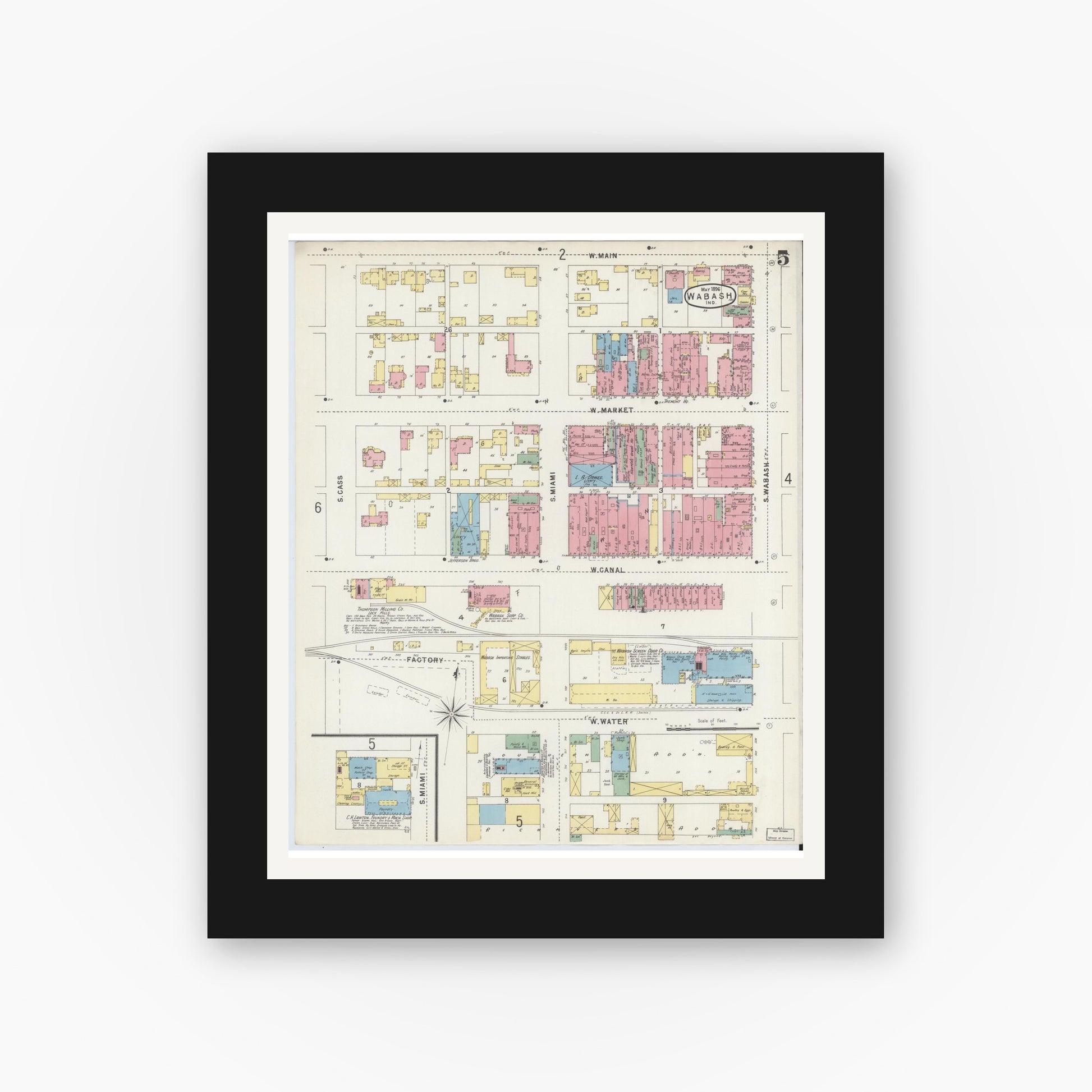 Old map wall art mockup — black gallery frame with white mat — Sanborn Fire Insurance Map from Wabash, Wabash County, Indiana (1896), Sheet #0005