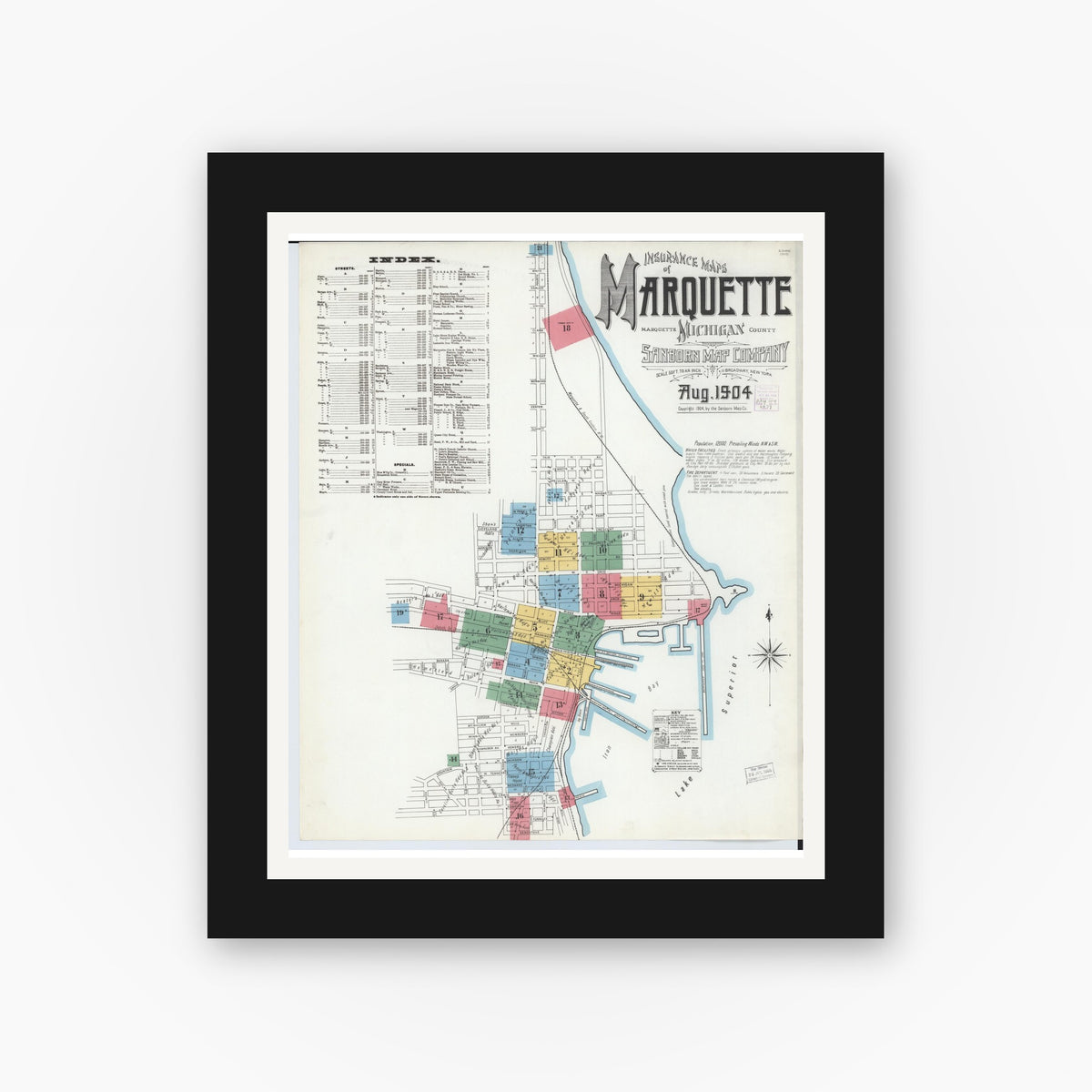 Old map wall art mockup — black gallery frame with white mat — Sanborn Fire Insurance Map from Marquette, Marquette County, Michigan (1904), Sheet #0001