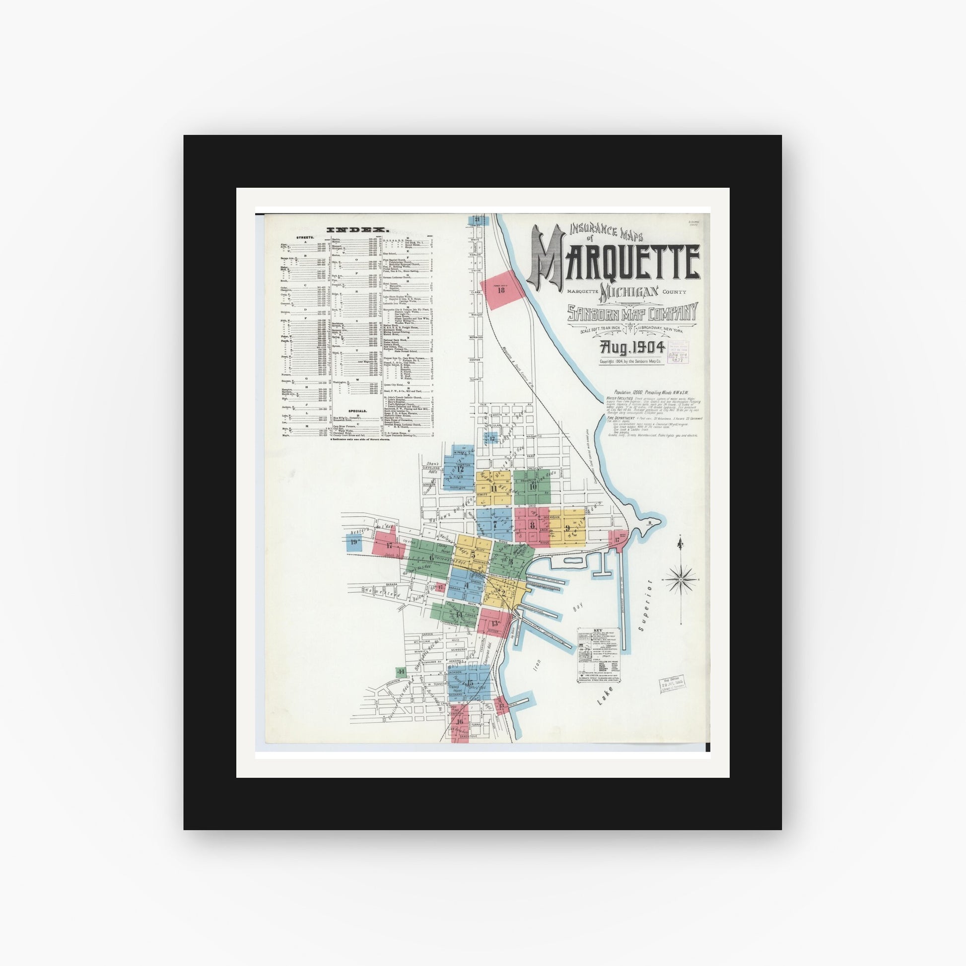 Old map wall art mockup — black gallery frame with white mat — Sanborn Fire Insurance Map from Marquette, Marquette County, Michigan (1904), Sheet #0001
