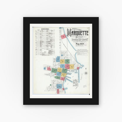 Old map wall art mockup — black gallery frame with white mat — Sanborn Fire Insurance Map from Marquette, Marquette County, Michigan (1904), Sheet #0001