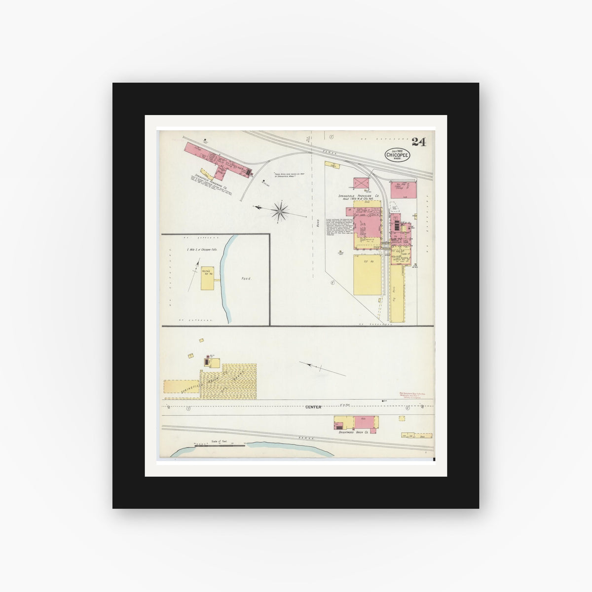 Old map wall art mockup — black gallery frame with white mat — Sanborn Fire Insurance Map from Chicopee, Hampden County, Massachusetts (1902), Sheet #0024