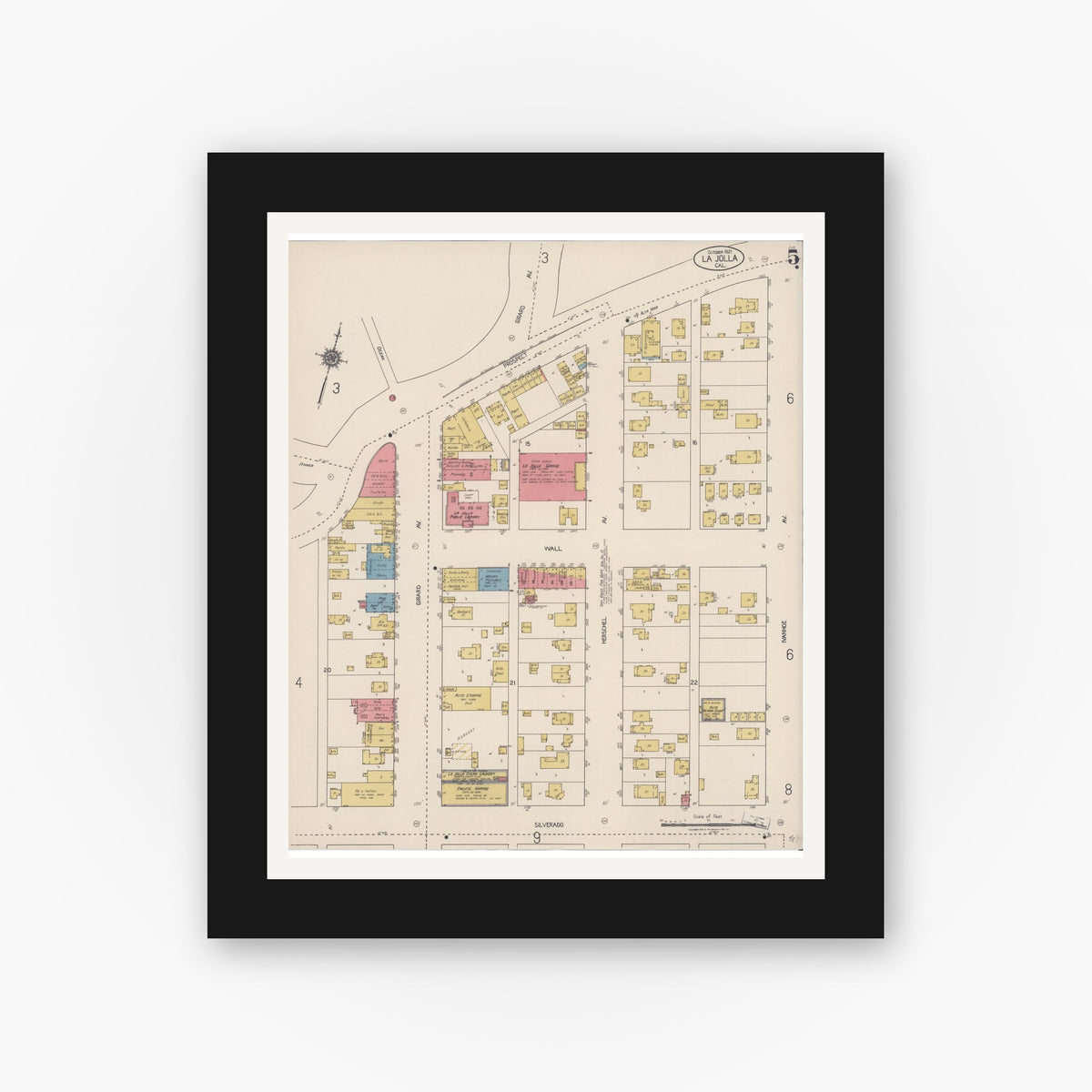 Old map wall art mockup — black gallery frame with white mat — Sanborn Fire Insurance Map from La Jolla, San Diego County, California (1921), Sheet #0005