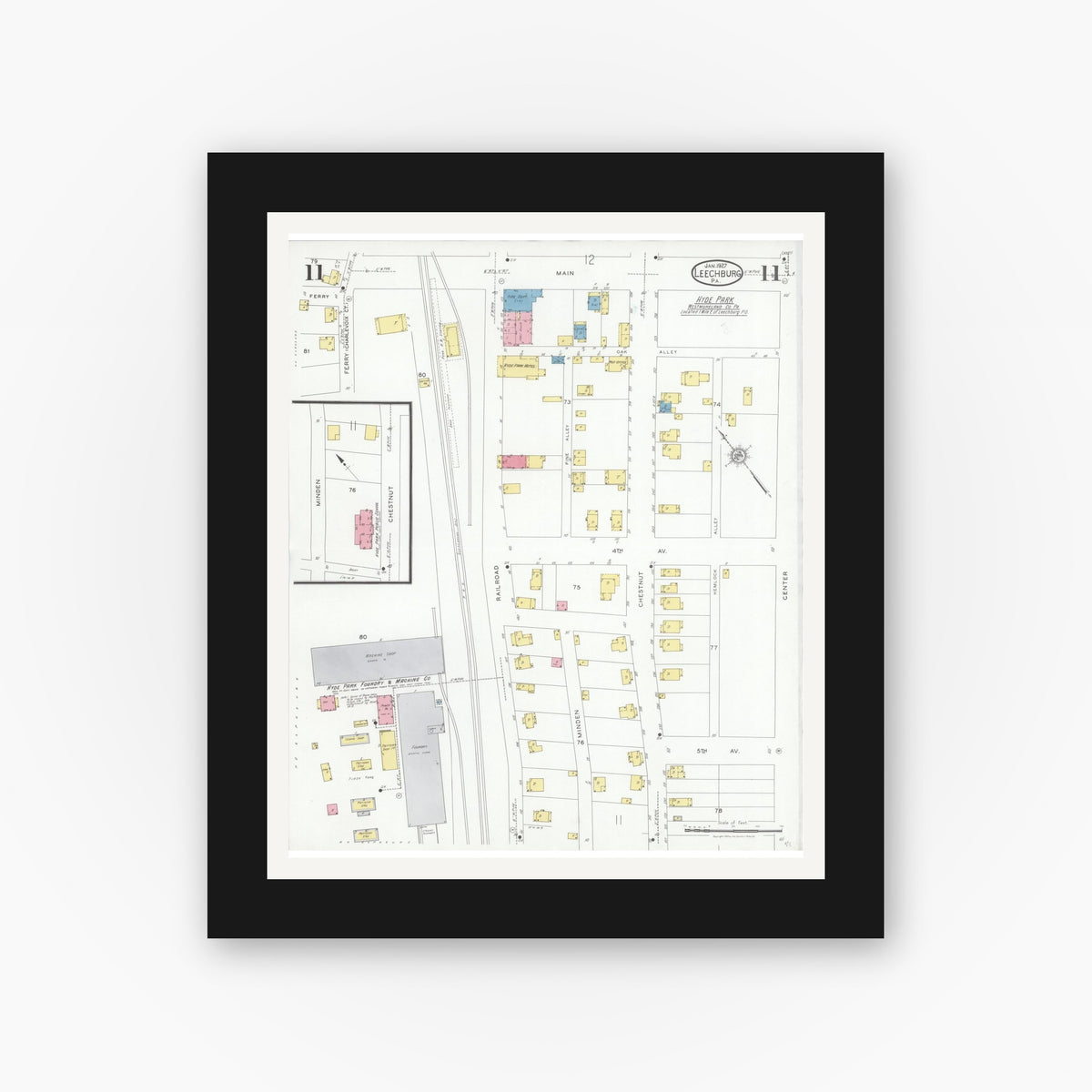 Old map wall art mockup — black gallery frame with white mat — Sanborn Fire Insurance Map from Leechburg, Armstrong County, Pennsylvania (1927), Sheet #0011