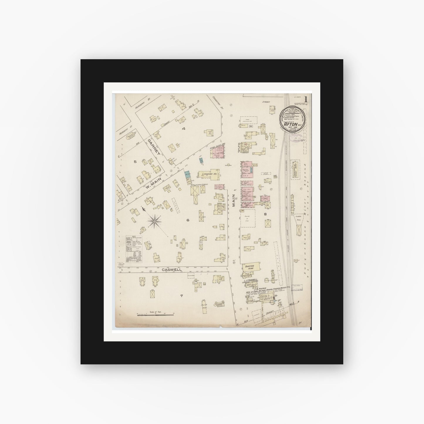 Old map wall art mockup — black gallery frame with white mat — Sanborn Fire Insurance Map from Afton, Chenango County, New York (1885) - Complete Map Set