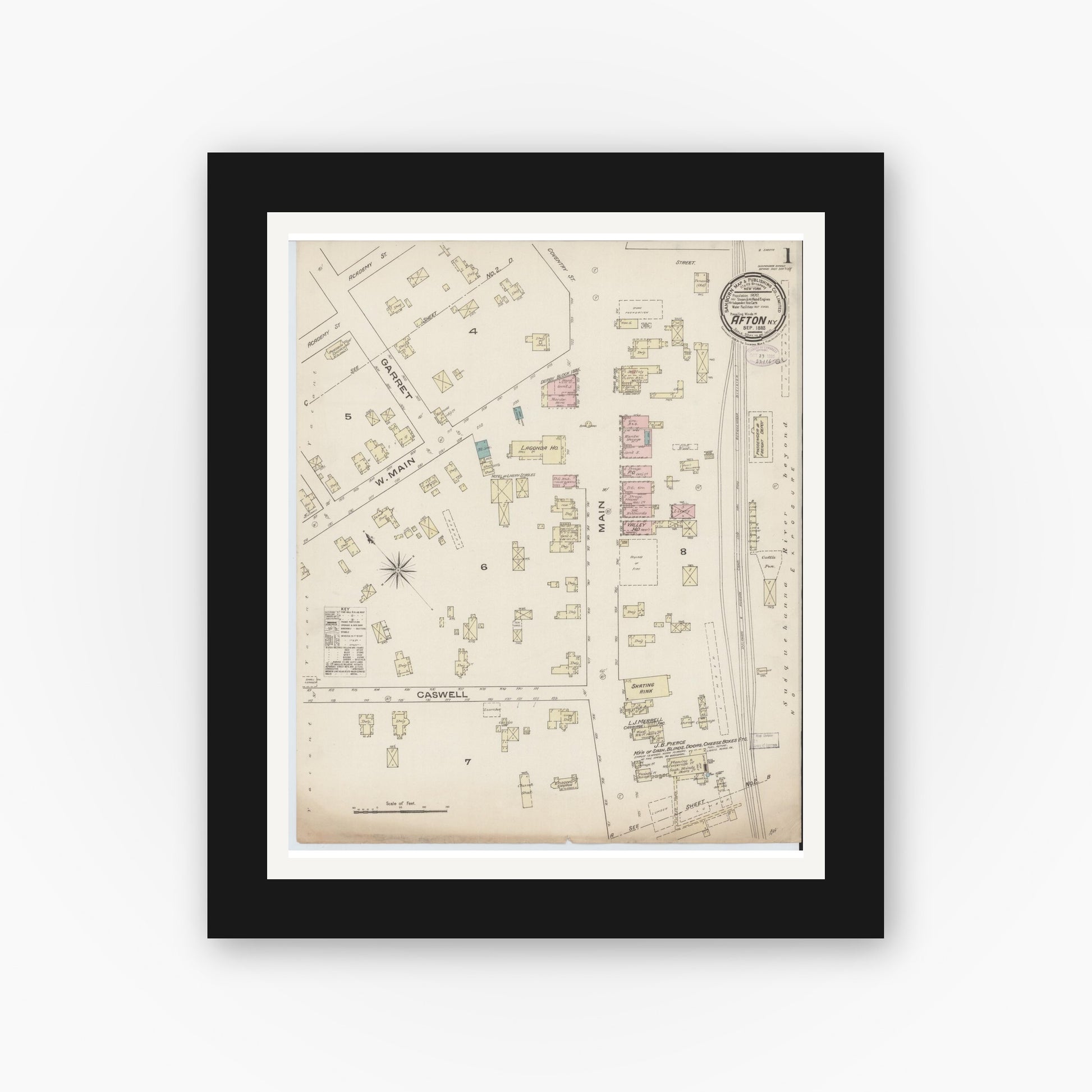 Old map wall art mockup — black gallery frame with white mat — Sanborn Fire Insurance Map from Afton, Chenango County, New York (1885) - Complete Map Set