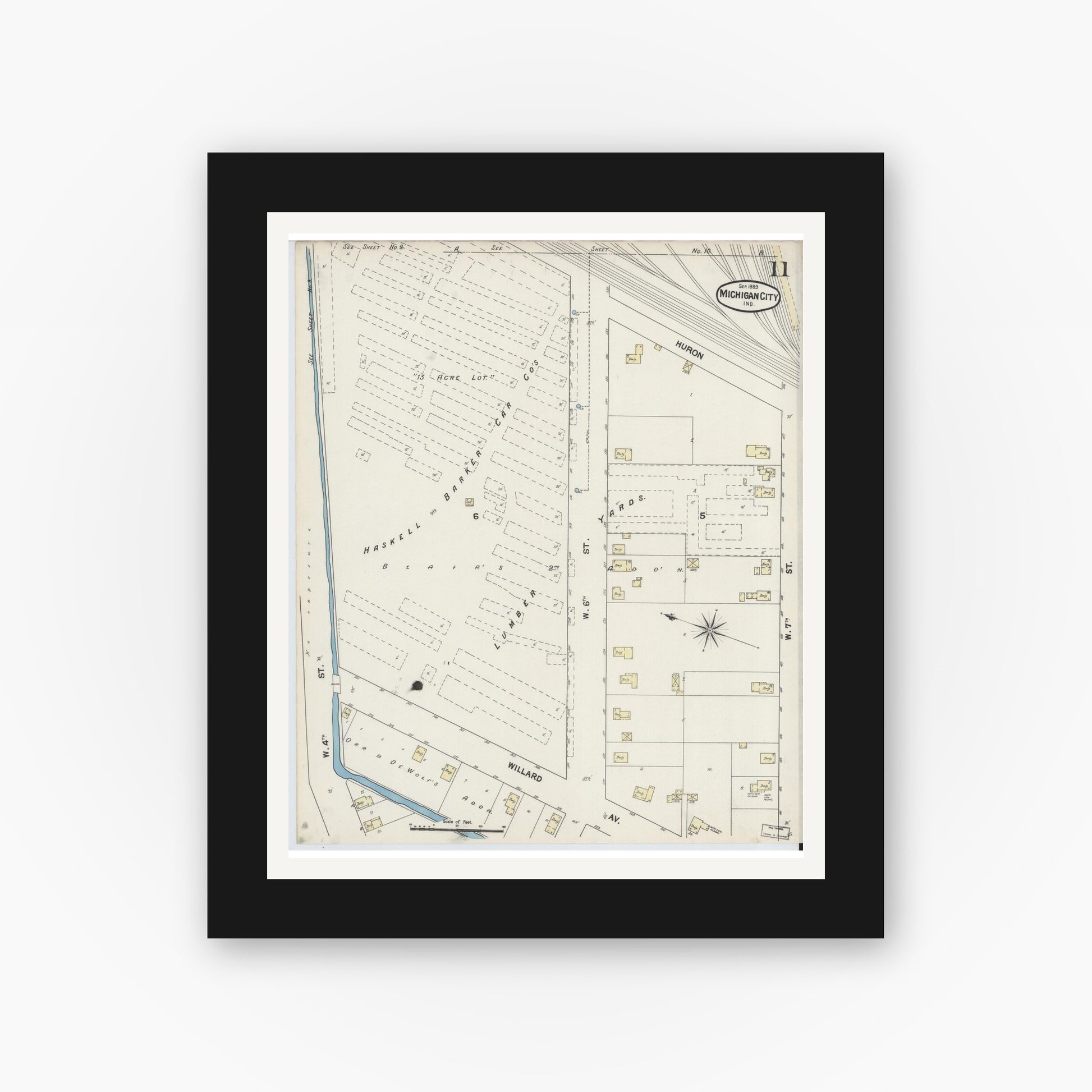 Old map wall art mockup — black gallery frame with white mat — Sanborn Fire Insurance Map from Michigan City, La Porte County, Indiana (1889), Sheet #0011