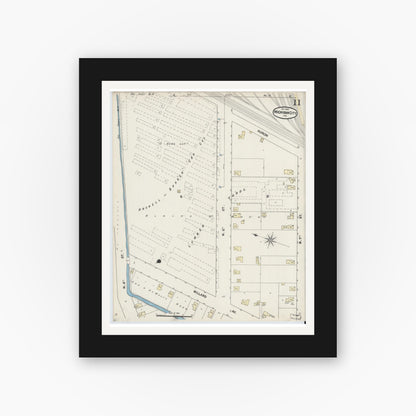 Old map wall art mockup — black gallery frame with white mat — Sanborn Fire Insurance Map from Michigan City, La Porte County, Indiana (1889), Sheet #0011