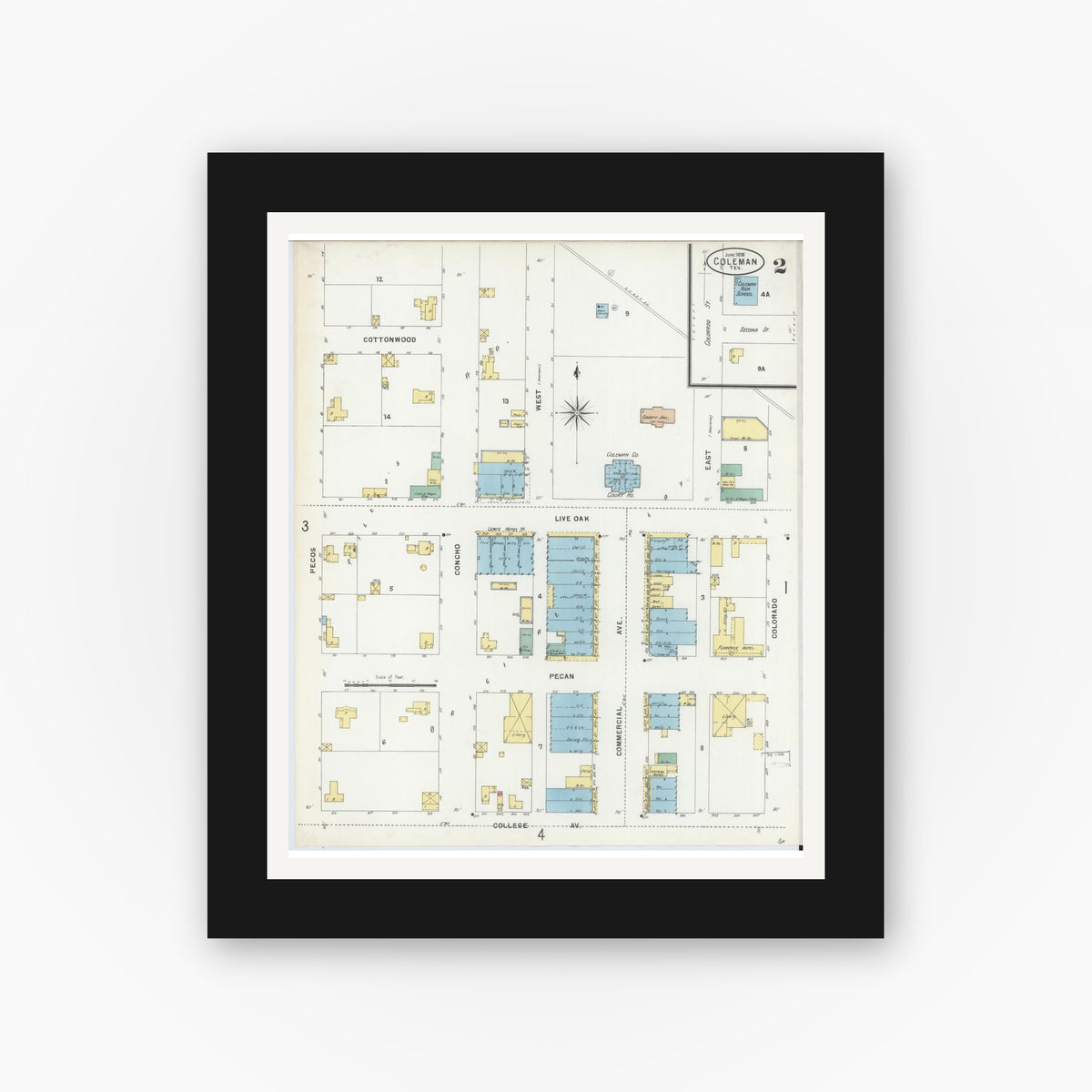 Old map wall art mockup — black gallery frame with white mat — Sanborn Fire Insurance Map from Coleman, Coleman County, Texas (1898), Sheet #0002