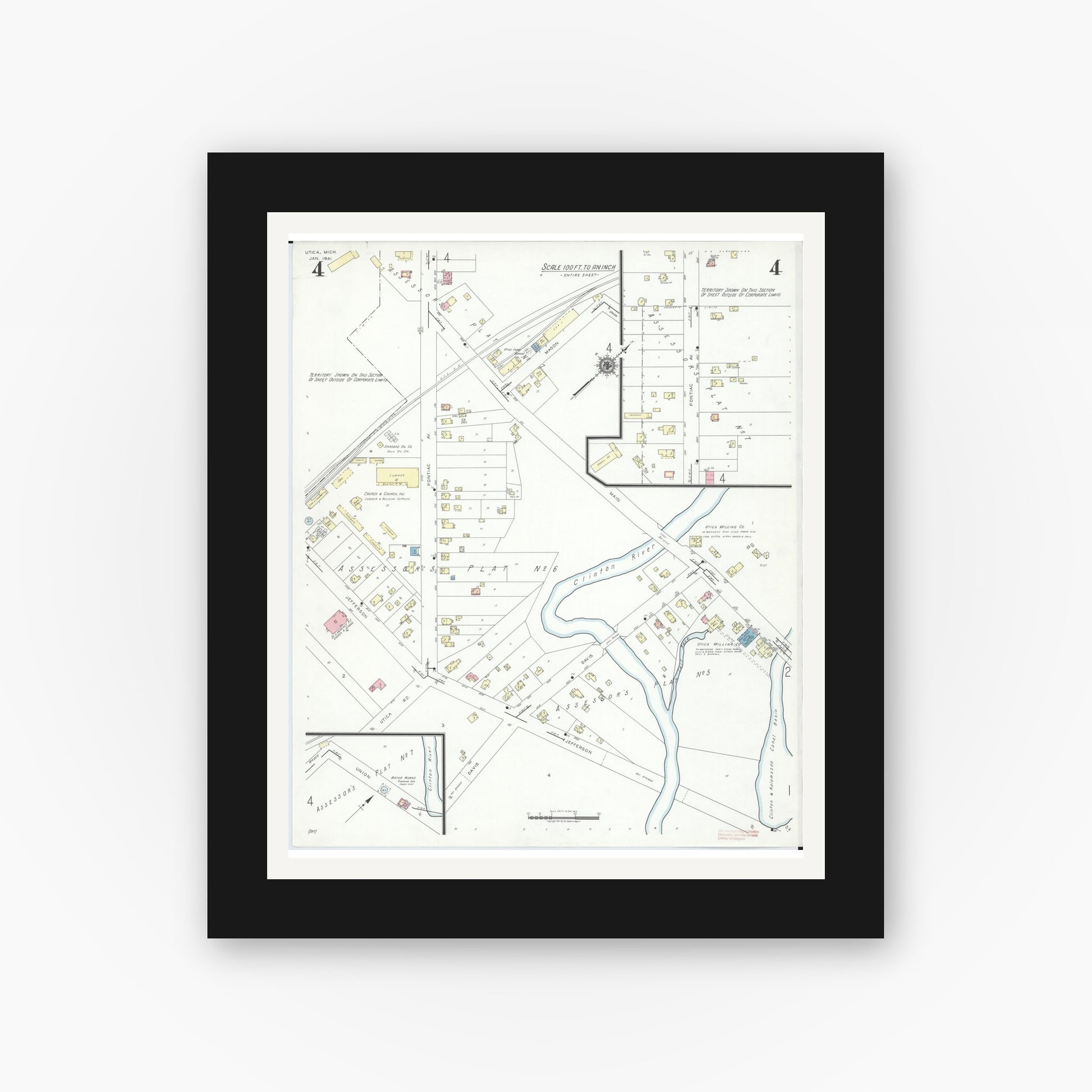 Old map wall art mockup — black gallery frame with white mat — Sanborn Fire Insurance Map from Utica, Macomb County, Michigan (1941), Sheet #0004