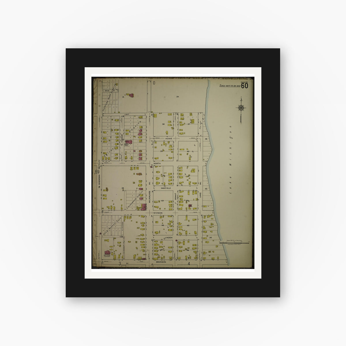 Old map wall art mockup — black gallery frame with white mat — Sanborn Fire Insurance Map from Kenosha, Kenosha County, Wisconsin. (1918), Sheet 64