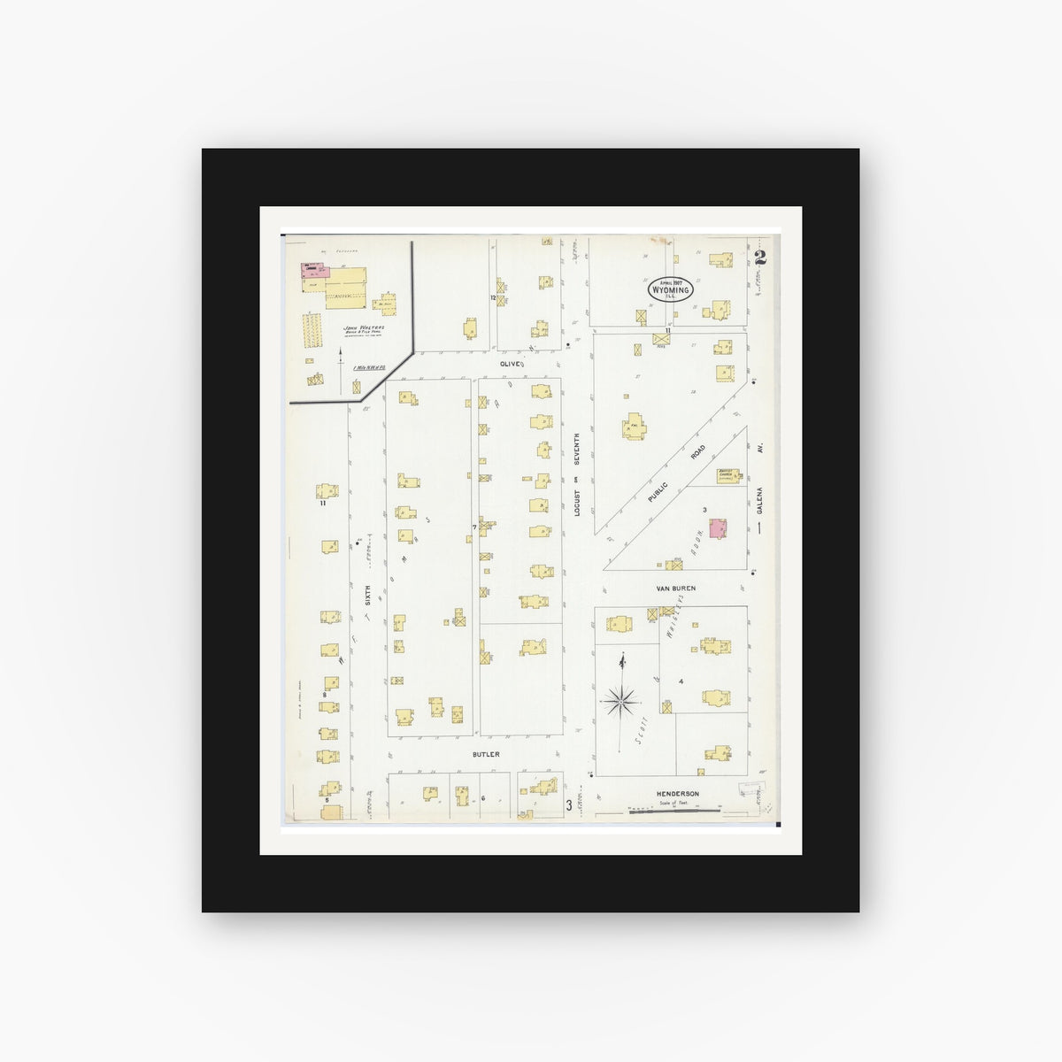 Old map wall art mockup — black gallery frame with white mat — Sanborn Fire Insurance Map from Wyoming, Stark County, Illinois (1907), Sheet #0002