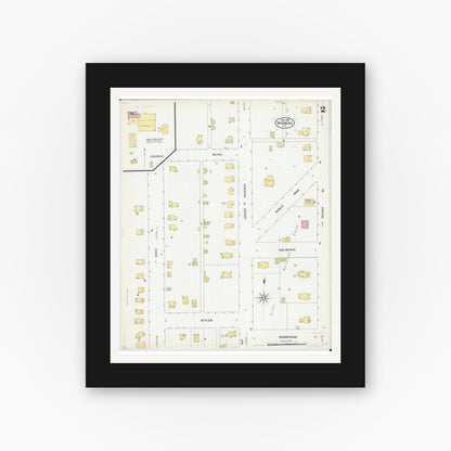 Old map wall art mockup — black gallery frame with white mat — Sanborn Fire Insurance Map from Wyoming, Stark County, Illinois (1907), Sheet #0002