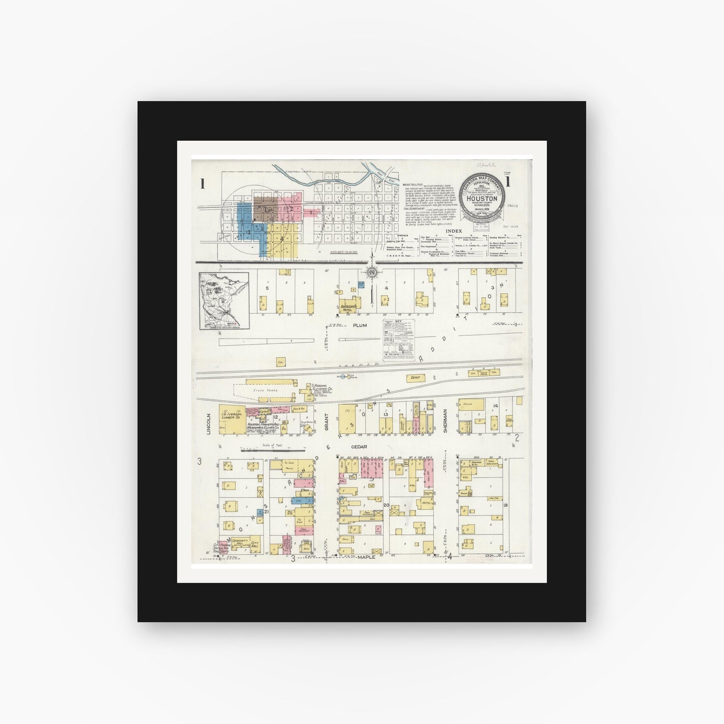 Old map wall art mockup — black gallery frame with white mat — Sanborn Fire Insurance Map from Houston, Houston County, Minnesota (1926), Sheet #0001