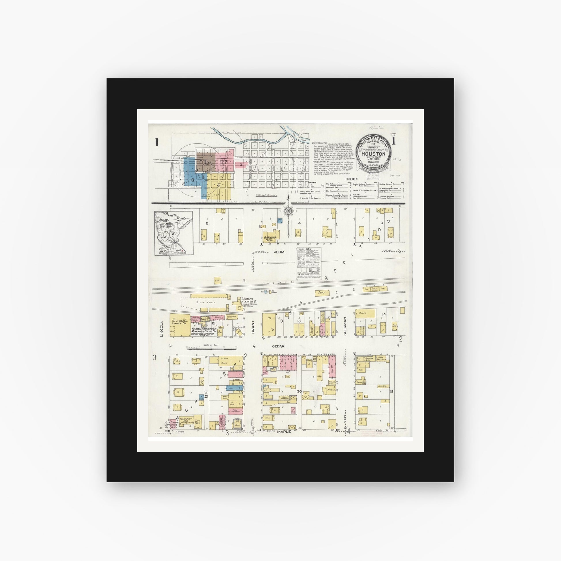 Old map wall art mockup — black gallery frame with white mat — Sanborn Fire Insurance Map from Houston, Houston County, Minnesota (1926), Sheet #0001