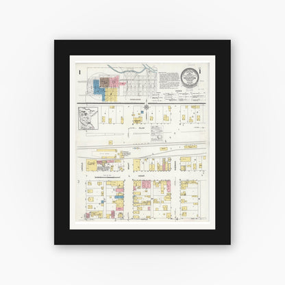 Old map wall art mockup — black gallery frame with white mat — Sanborn Fire Insurance Map from Houston, Houston County, Minnesota (1926), Sheet #0001