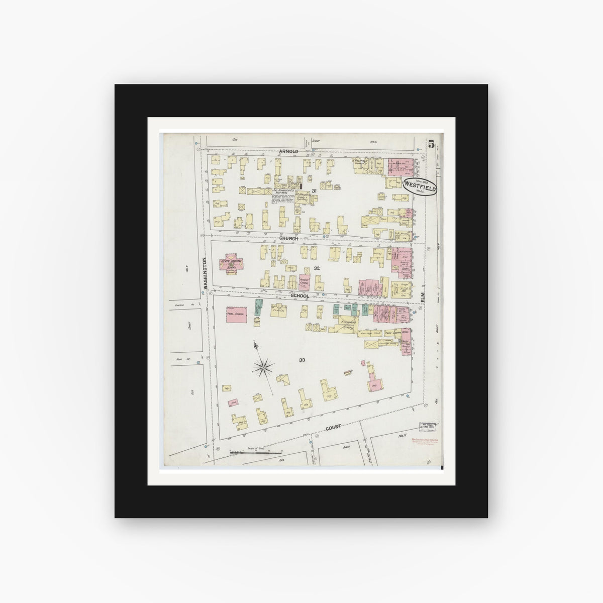 Old map wall art mockup — black gallery frame with white mat — Sanborn Fire Insurance Map from Westfield, Hampden County, Massachusetts (1889), Sheet #0005