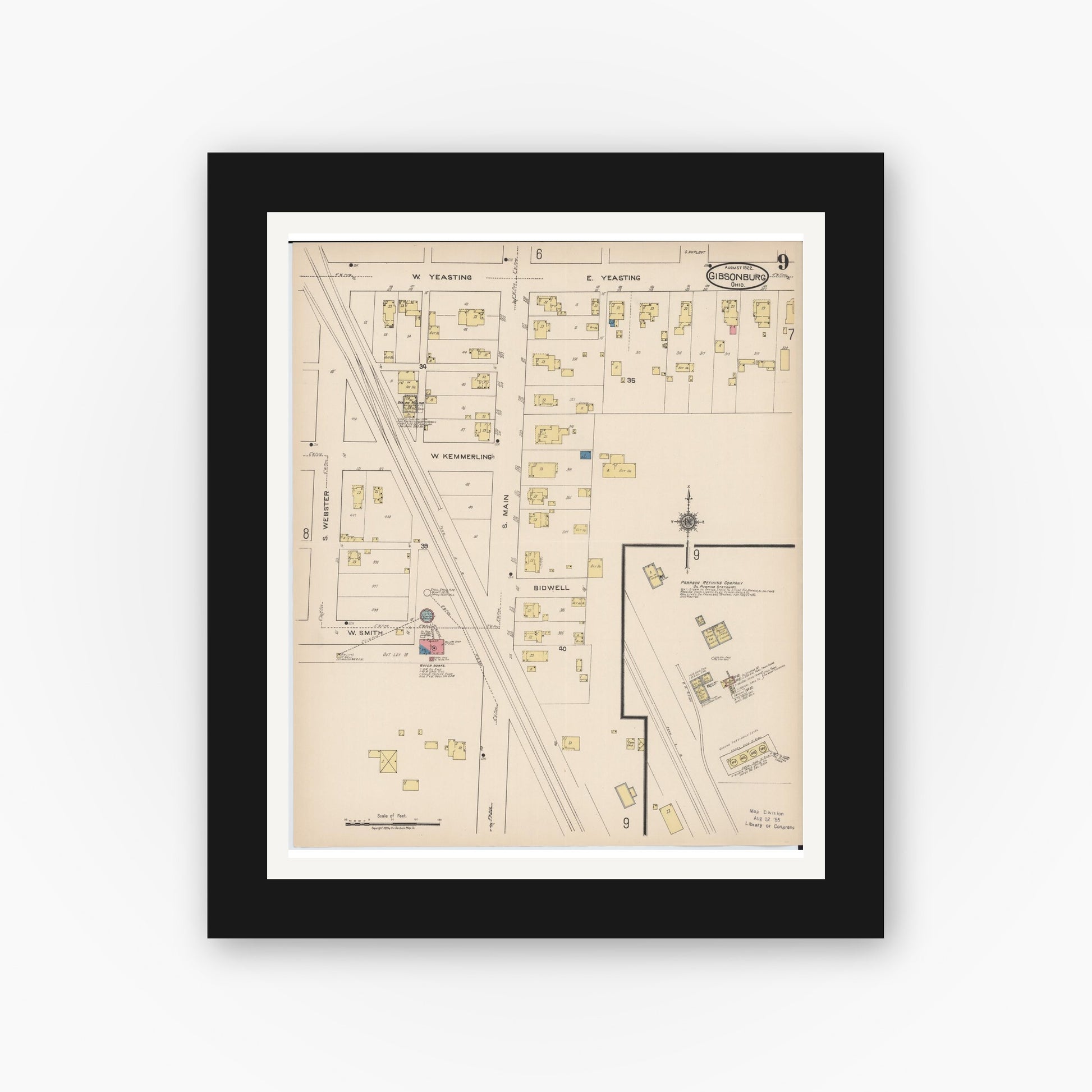 Old map wall art mockup — black gallery frame with white mat — Sanborn Fire Insurance Map from Gibsonburg, Sandusky County, Ohio (1922), Sheet #0009