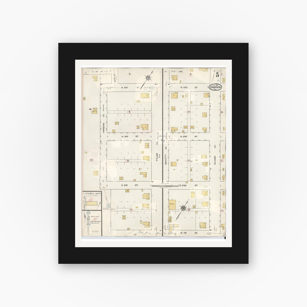 Old map wall art mockup — black gallery frame with white mat — Sanborn Fire Insurance Map from Dawson, Navarro County, Texas (1943), Sheet #0005