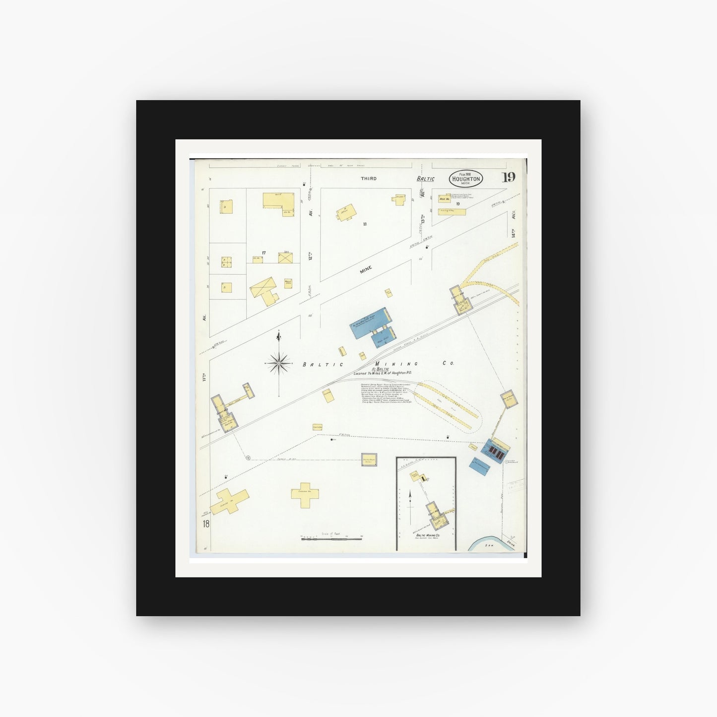 Old map wall art mockup — black gallery frame with white mat — Sanborn Fire Insurance Map from Houghton, Houghton County, Michigan (1908), Sheet #0019