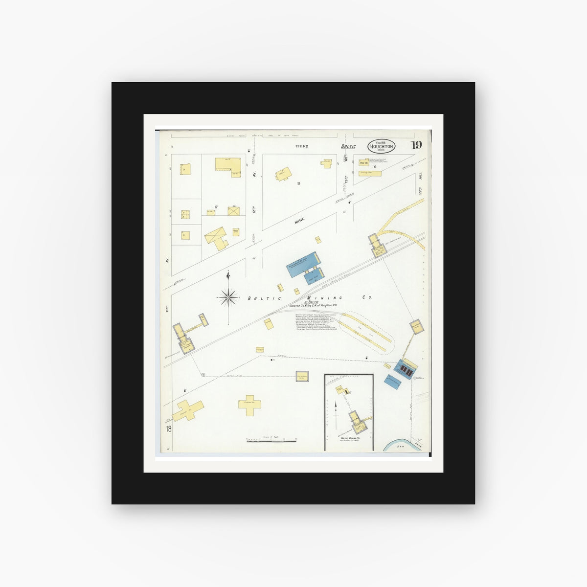 Old map wall art mockup — black gallery frame with white mat — Sanborn Fire Insurance Map from Houghton, Houghton County, Michigan (1908), Sheet #0019