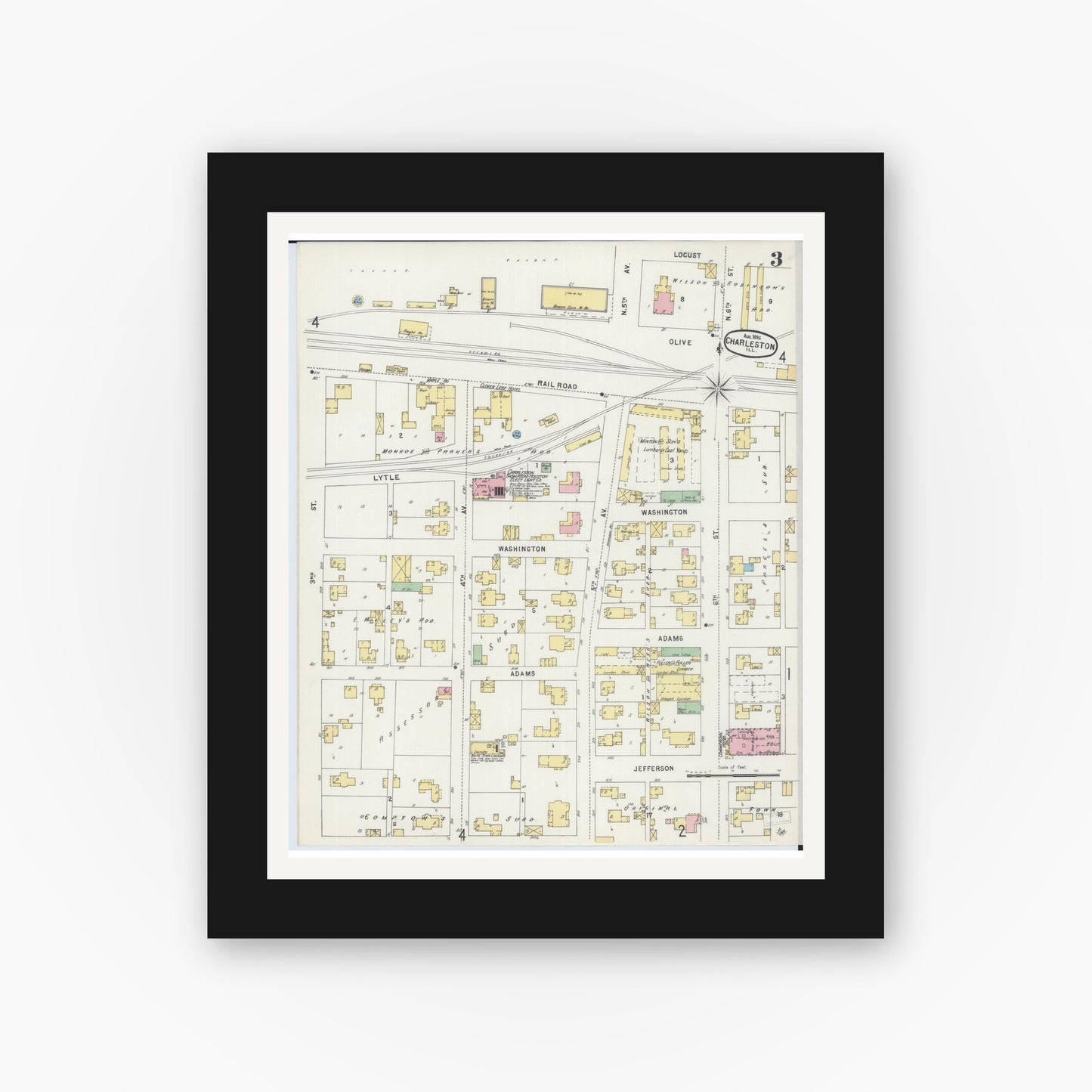 Old map wall art mockup — black gallery frame with white mat — Sanborn Fire Insurance Map from Charleston, Coles County, Illinois (1896), Sheet #0003