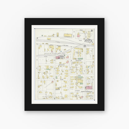 Old map wall art mockup — black gallery frame with white mat — Sanborn Fire Insurance Map from Charleston, Coles County, Illinois (1896), Sheet #0003