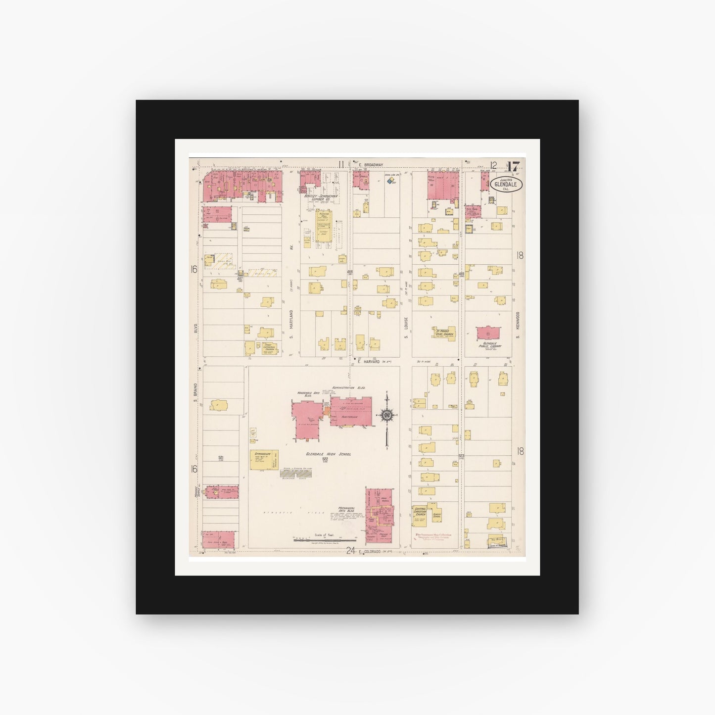 Old map wall art mockup — black gallery frame with white mat — Sanborn Fire Insurance Map from Glendale, Los Angeles County, California (1919), Sheet #0017