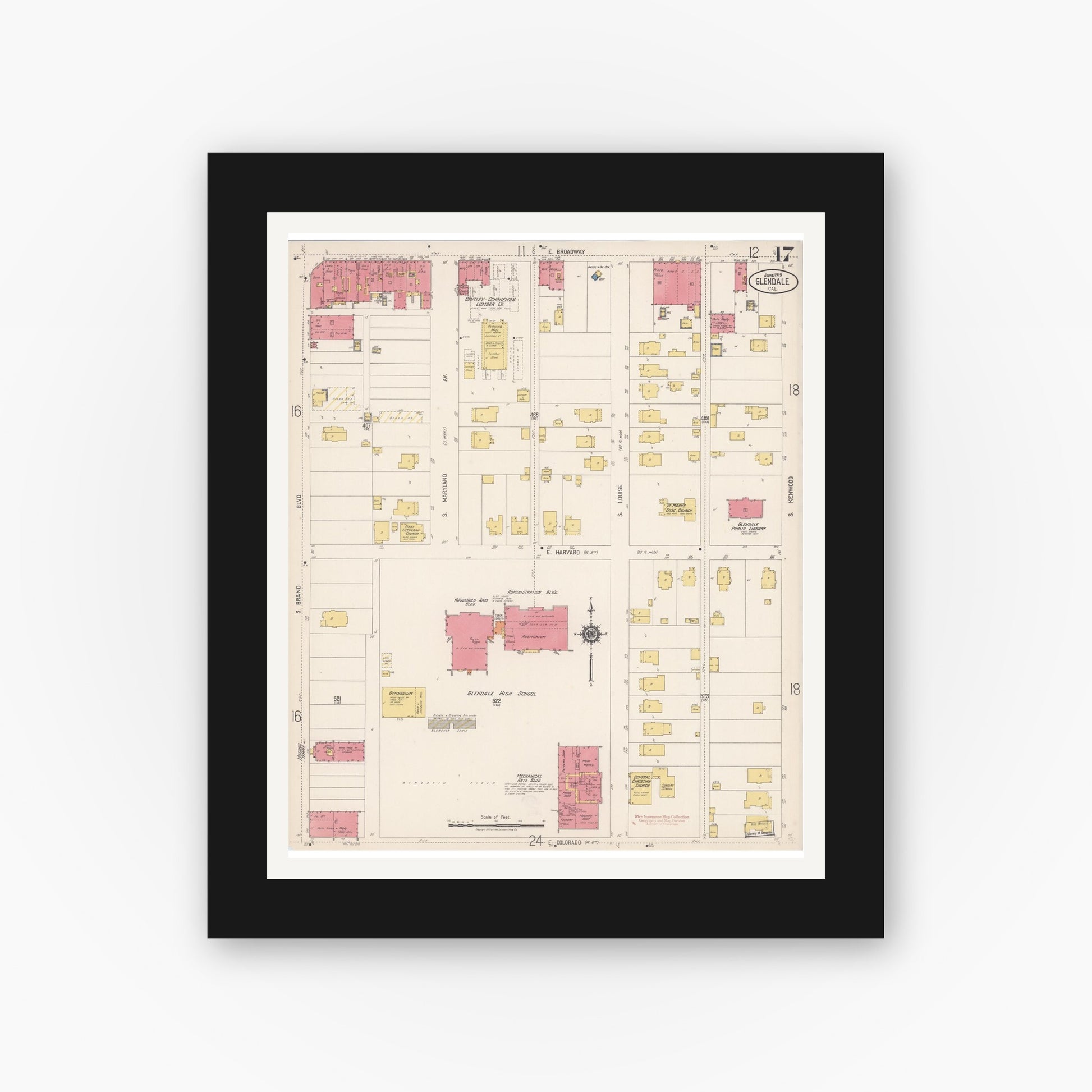Old map wall art mockup — black gallery frame with white mat — Sanborn Fire Insurance Map from Glendale, Los Angeles County, California (1919), Sheet #0017