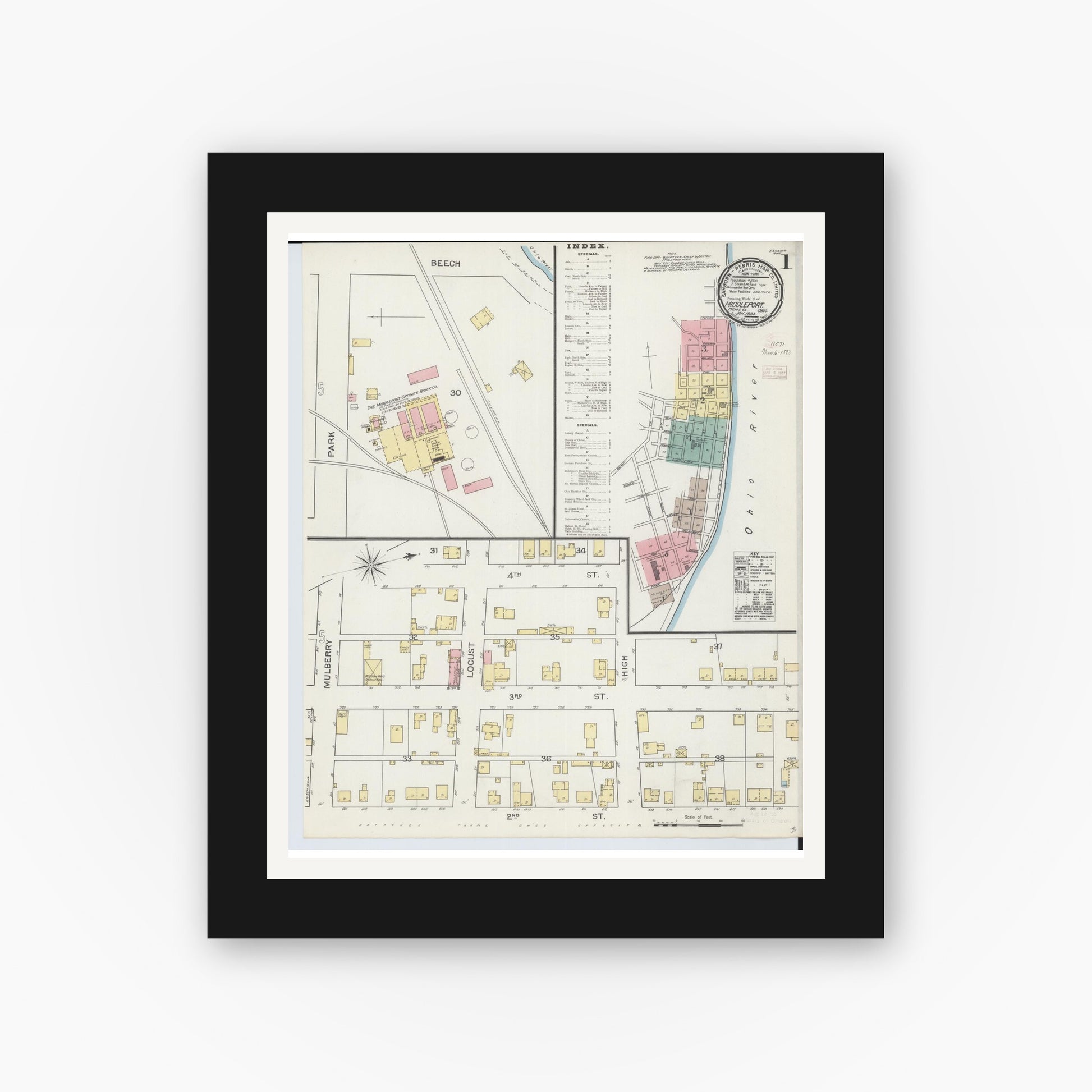 Old map wall art mockup — black gallery frame with white mat — Sanborn Fire Insurance Map from Middleport, Meigs County, Ohio (1893) - Complete Map Set
