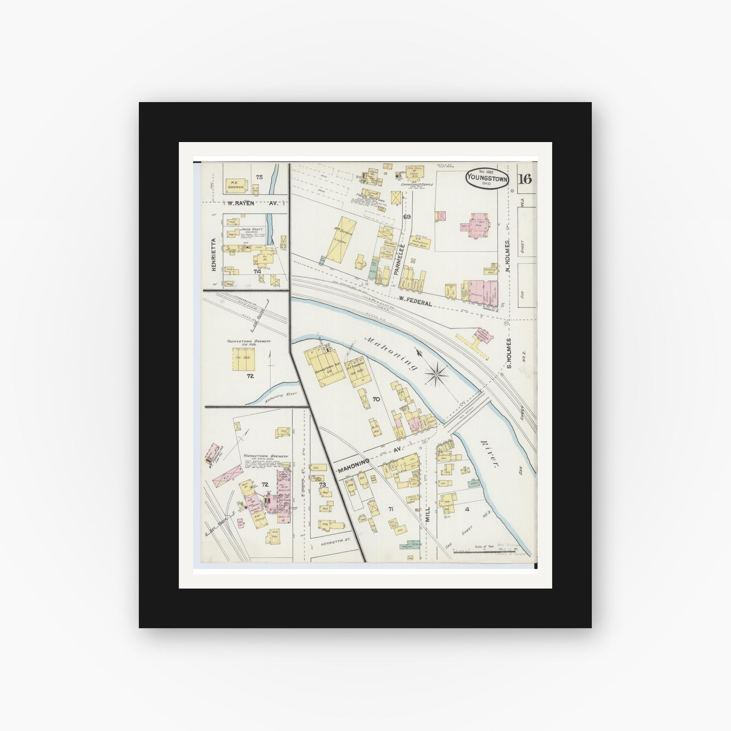 Old map wall art mockup — black gallery frame with white mat — Sanborn Fire Insurance Map from Youngstown, Mahoning County, Ohio (1889), Sheet #0016