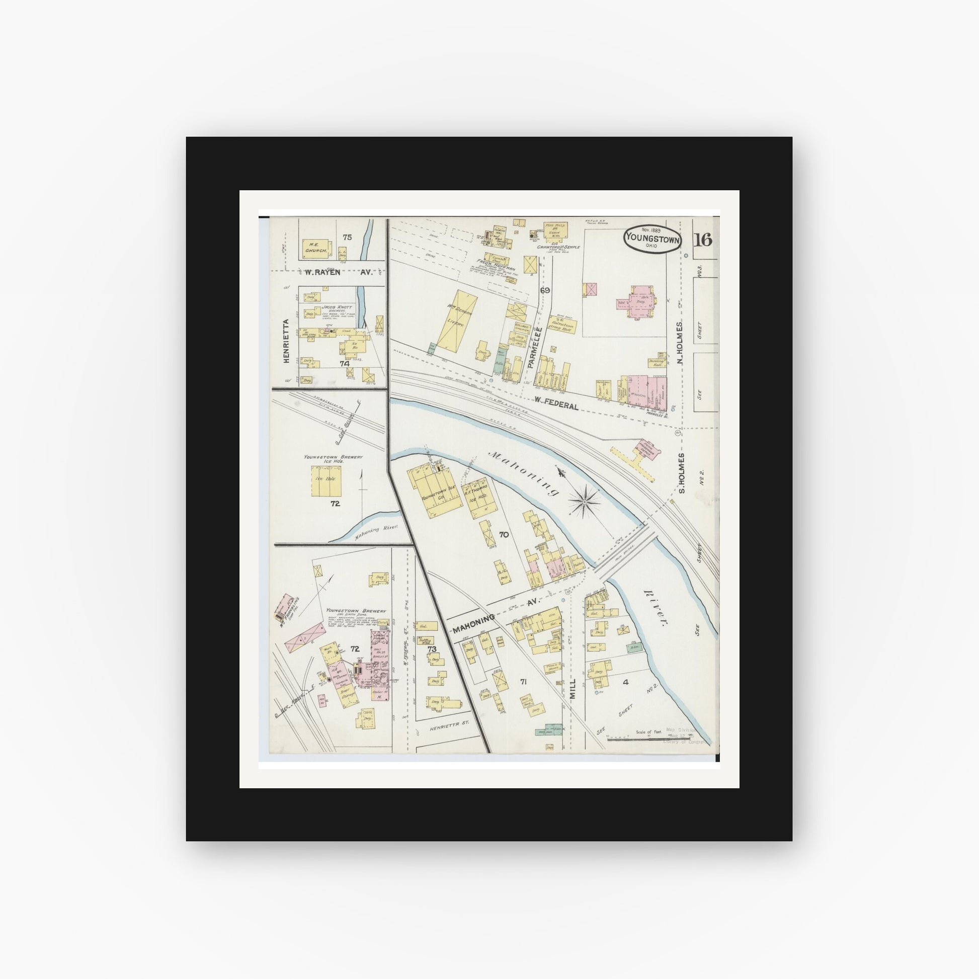Old map wall art mockup — black gallery frame with white mat — Sanborn Fire Insurance Map from Youngstown, Mahoning County, Ohio (1889), Sheet #0016