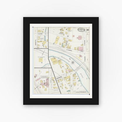 Old map wall art mockup — black gallery frame with white mat — Sanborn Fire Insurance Map from Youngstown, Mahoning County, Ohio (1889), Sheet #0016