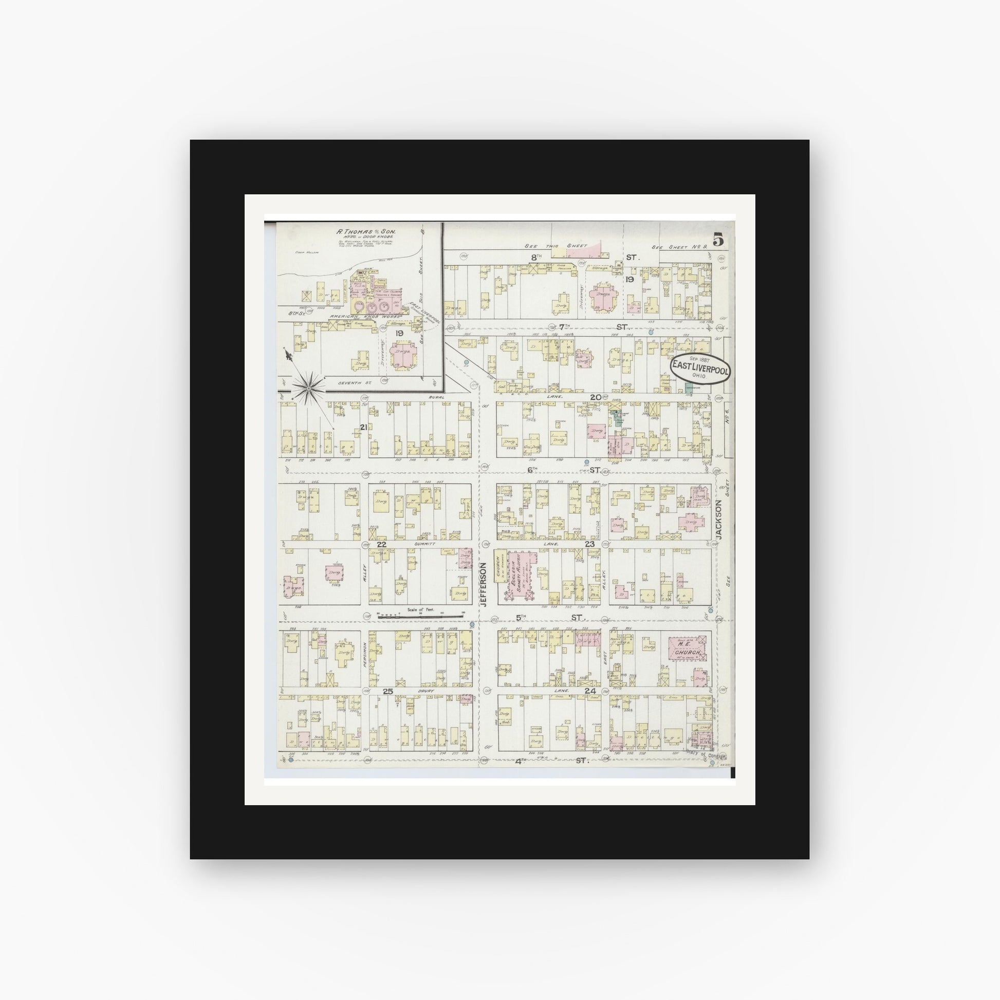 Old map wall art mockup — black gallery frame with white mat — Sanborn Fire Insurance Map from East Liverpool, Columbiana County, Ohio (1887), Sheet #0005