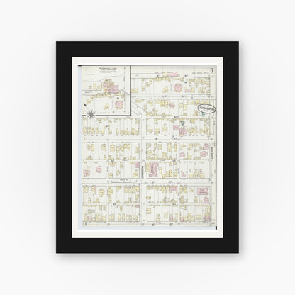 Old map wall art mockup — black gallery frame with white mat — Sanborn Fire Insurance Map from East Liverpool, Columbiana County, Ohio (1887), Sheet #0005