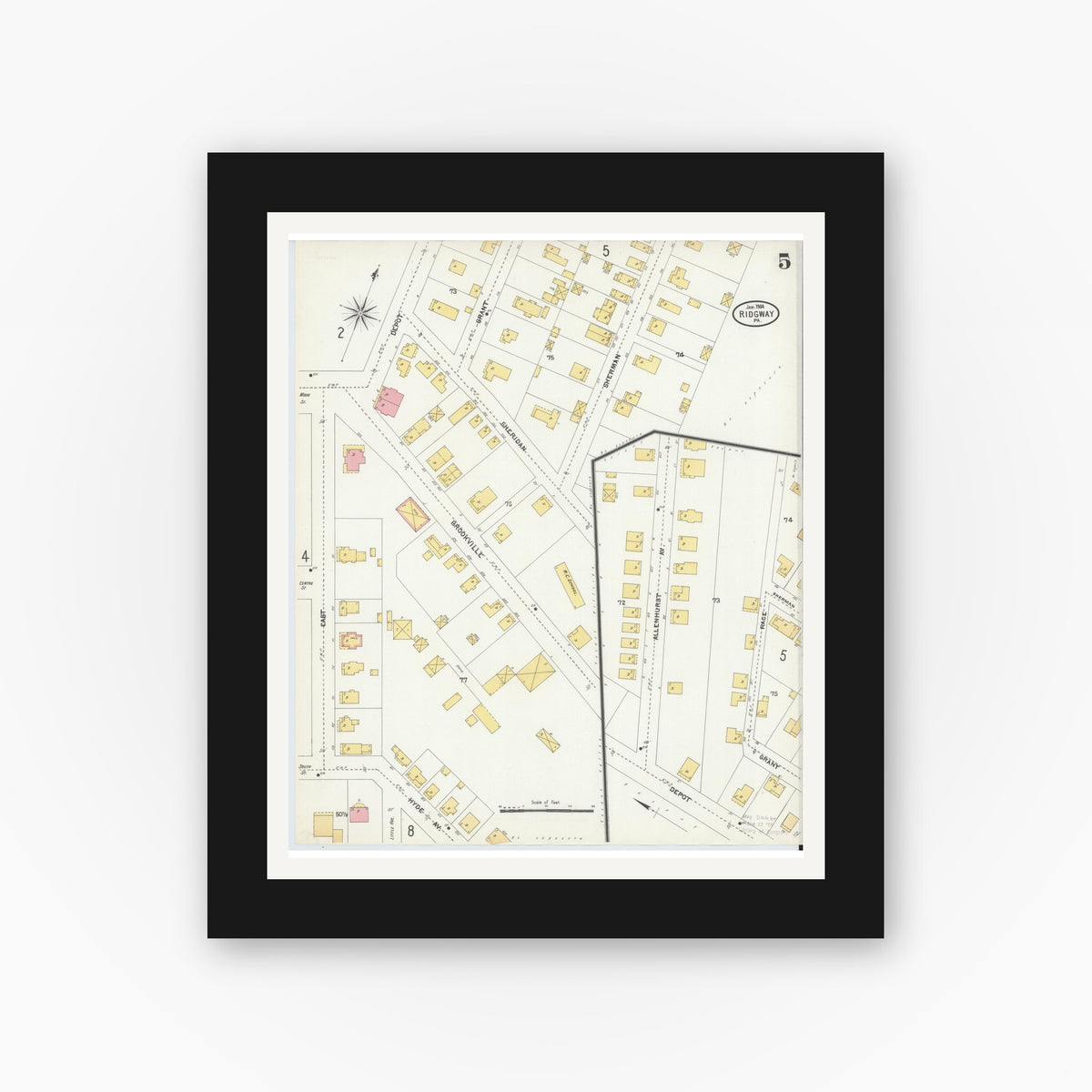 Old map wall art mockup — black gallery frame with white mat — Sanborn Fire Insurance Map from Ridgway, Elk County, Pennsylvania (1904), Sheet #0005
