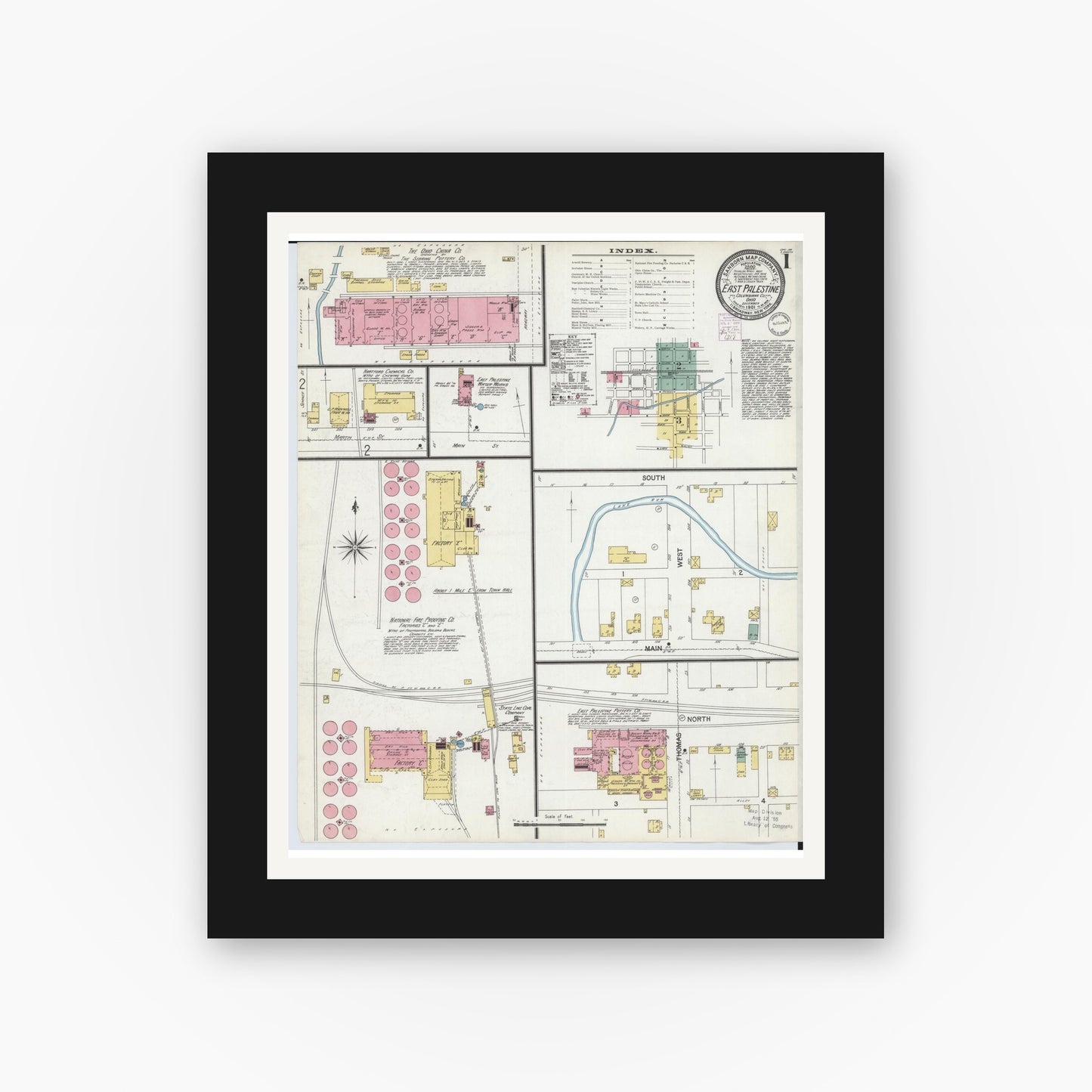 Old map wall art mockup — black gallery frame with white mat — Sanborn Fire Insurance Map from East Palestine, Columbiana County, Ohio (1901), Sheet #0001