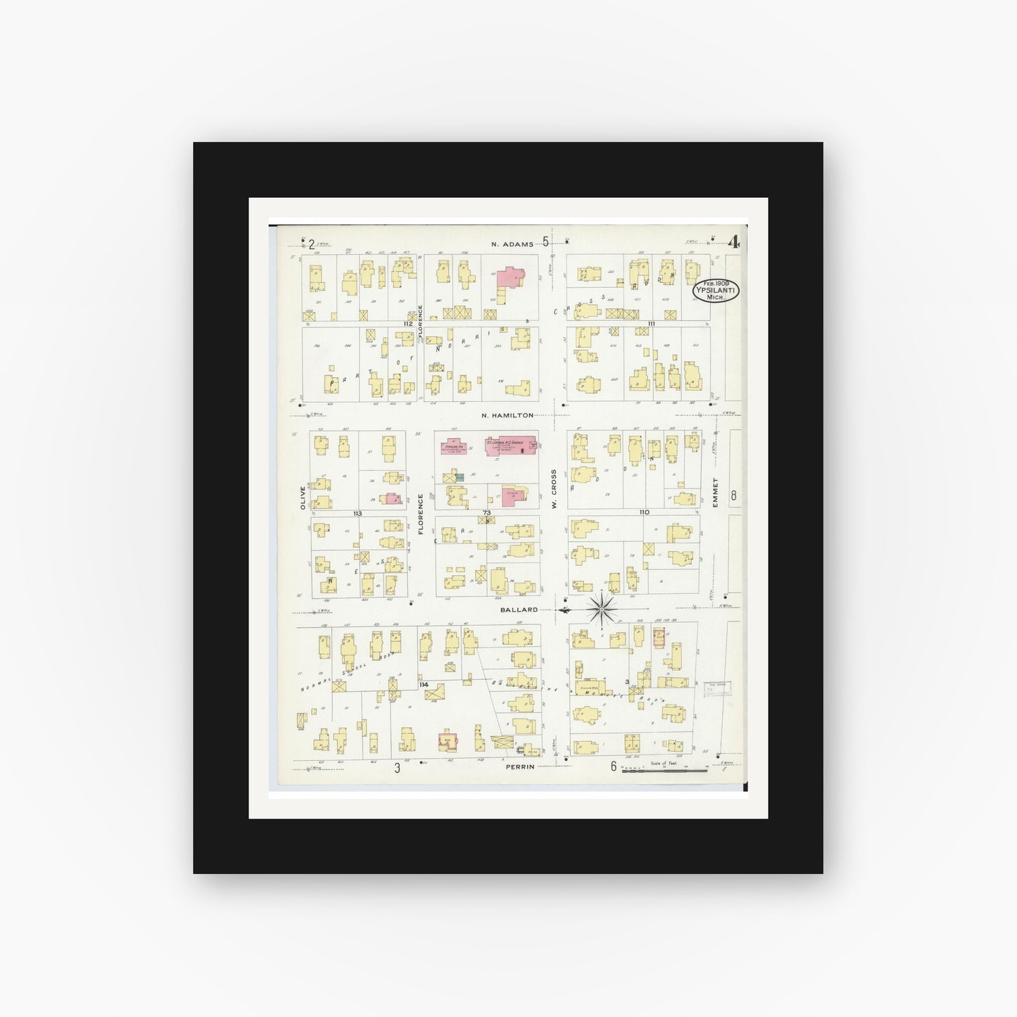 Old map wall art mockup — black gallery frame with white mat — Sanborn Fire Insurance Map from Ypsilanti, Washtenaw County, Michigan (1909), Sheet #0004