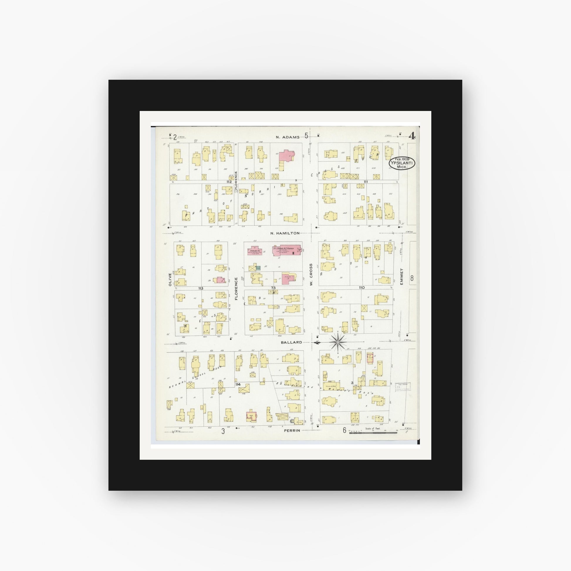 Old map wall art mockup — black gallery frame with white mat — Sanborn Fire Insurance Map from Ypsilanti, Washtenaw County, Michigan (1909), Sheet #0004