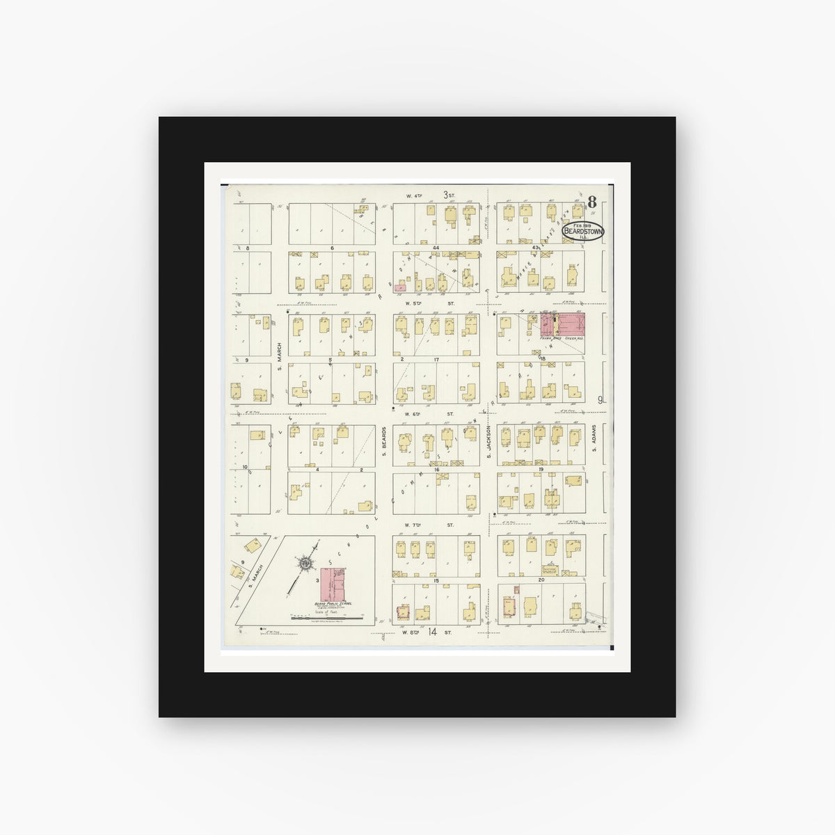 Old map wall art mockup — black gallery frame with white mat — Sanborn Fire Insurance Map from Beardstown, Cass County, Illinois (1919), Sheet #0008