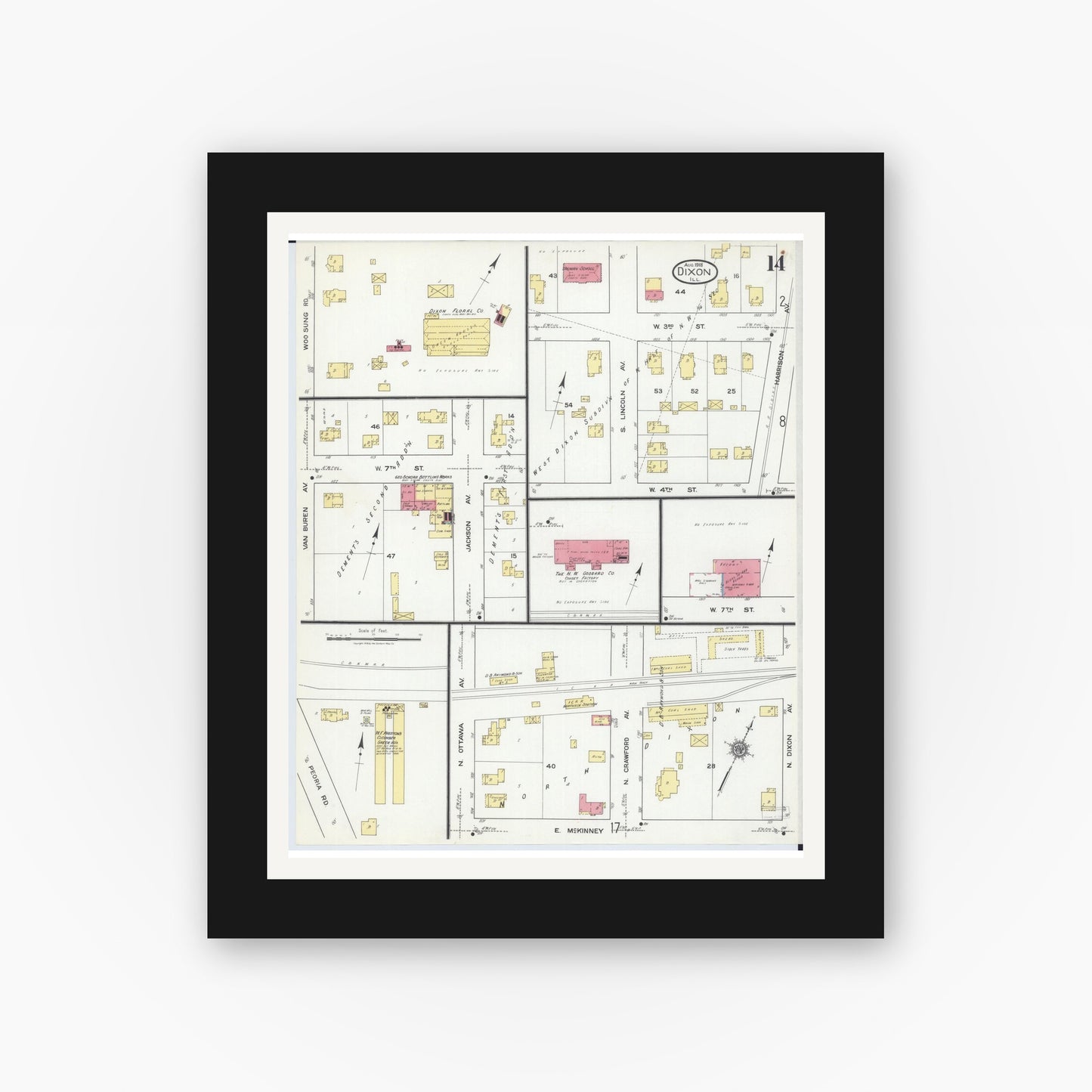 Old map wall art mockup — black gallery frame with white mat — Sanborn Fire Insurance Map from Dixon, Lee County, Illinois (1918), Sheet #0014