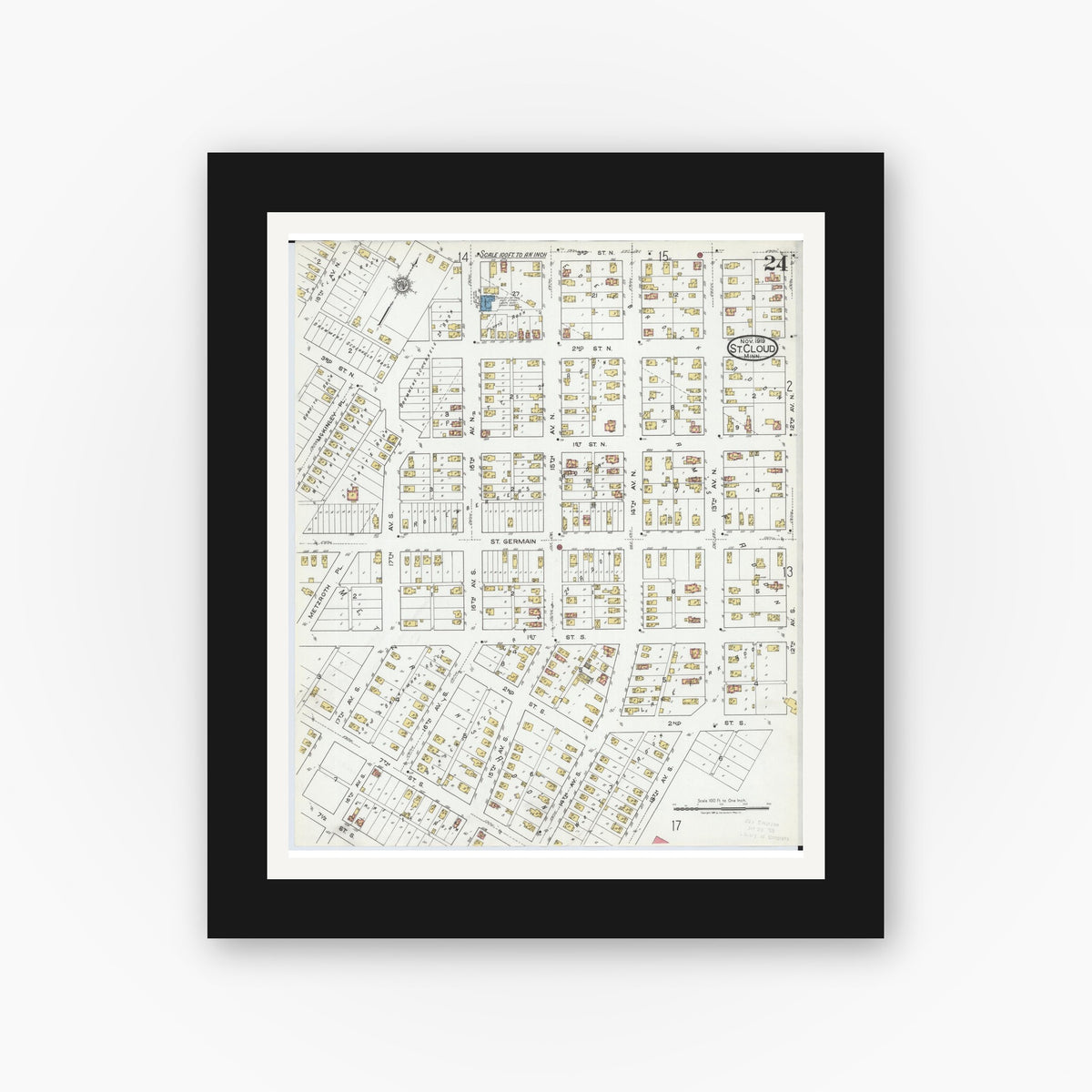 Old map wall art mockup — black gallery frame with white mat — Sanborn Fire Insurance Map from Saint Cloud, Stearns, Benton, and Sherburne Counties, Minnesota (1919), Sheet #0024
