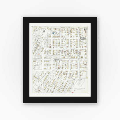 Old map wall art mockup — black gallery frame with white mat — Sanborn Fire Insurance Map from Saint Cloud, Stearns, Benton, and Sherburne Counties, Minnesota (1919), Sheet #0024