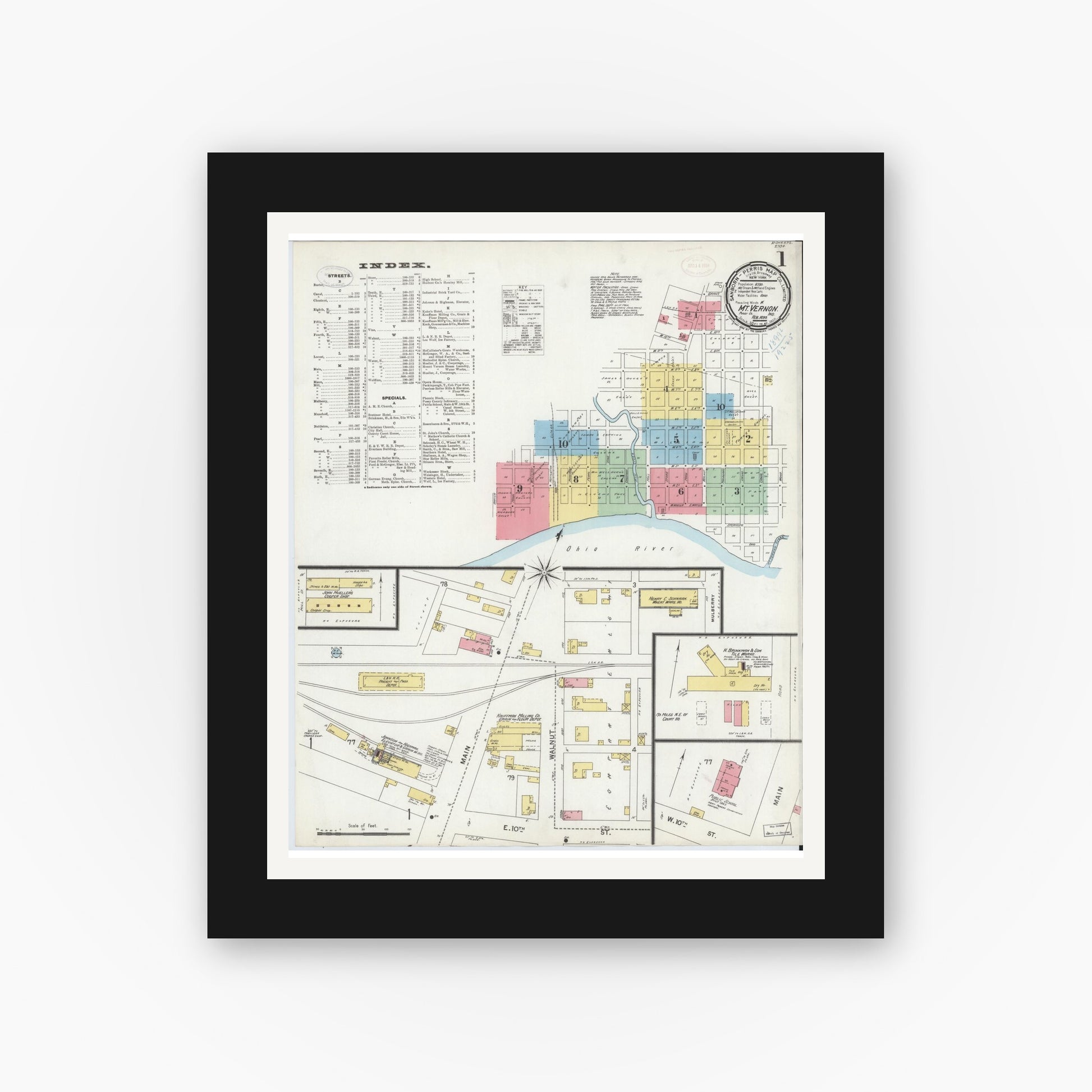 Old map wall art mockup — black gallery frame with white mat — Sanborn Fire Insurance Map from Mount Vernon, Posey County, Indiana (1899) - Complete Map Set