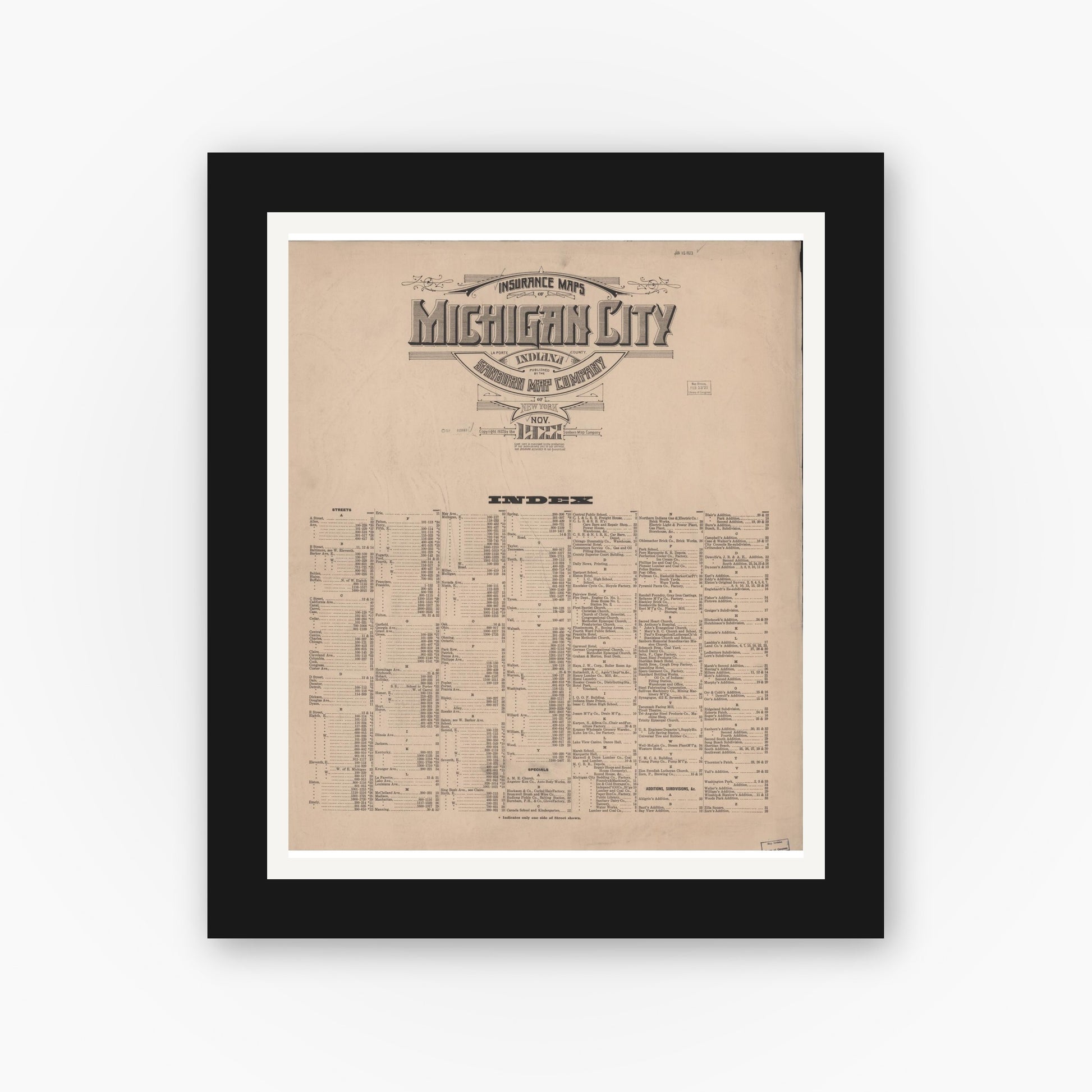 Old map wall art mockup — black gallery frame with white mat — Sanborn Fire Insurance Map from Michigan City, La Porte County, Indiana (1922), Sheet #0001
