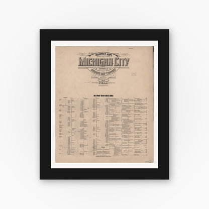 Old map wall art mockup — black gallery frame with white mat — Sanborn Fire Insurance Map from Michigan City, La Porte County, Indiana (1922), Sheet #0001