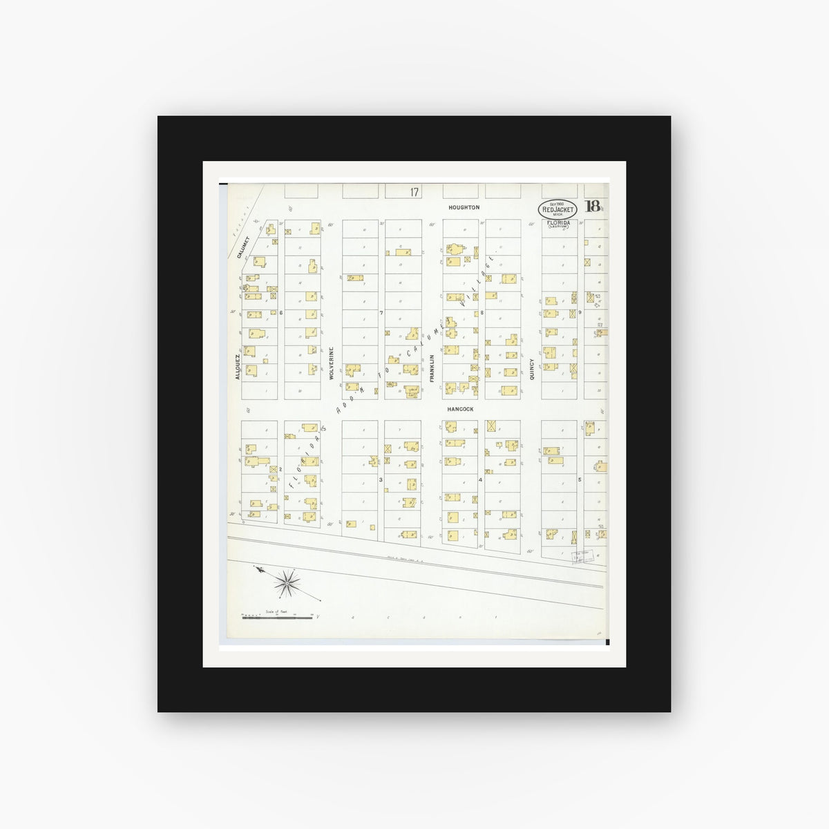 Old map wall art mockup — black gallery frame with white mat — Sanborn Fire Insurance Map from Red Jacket, Houghton County, Michigan (1900), Sheet #0018